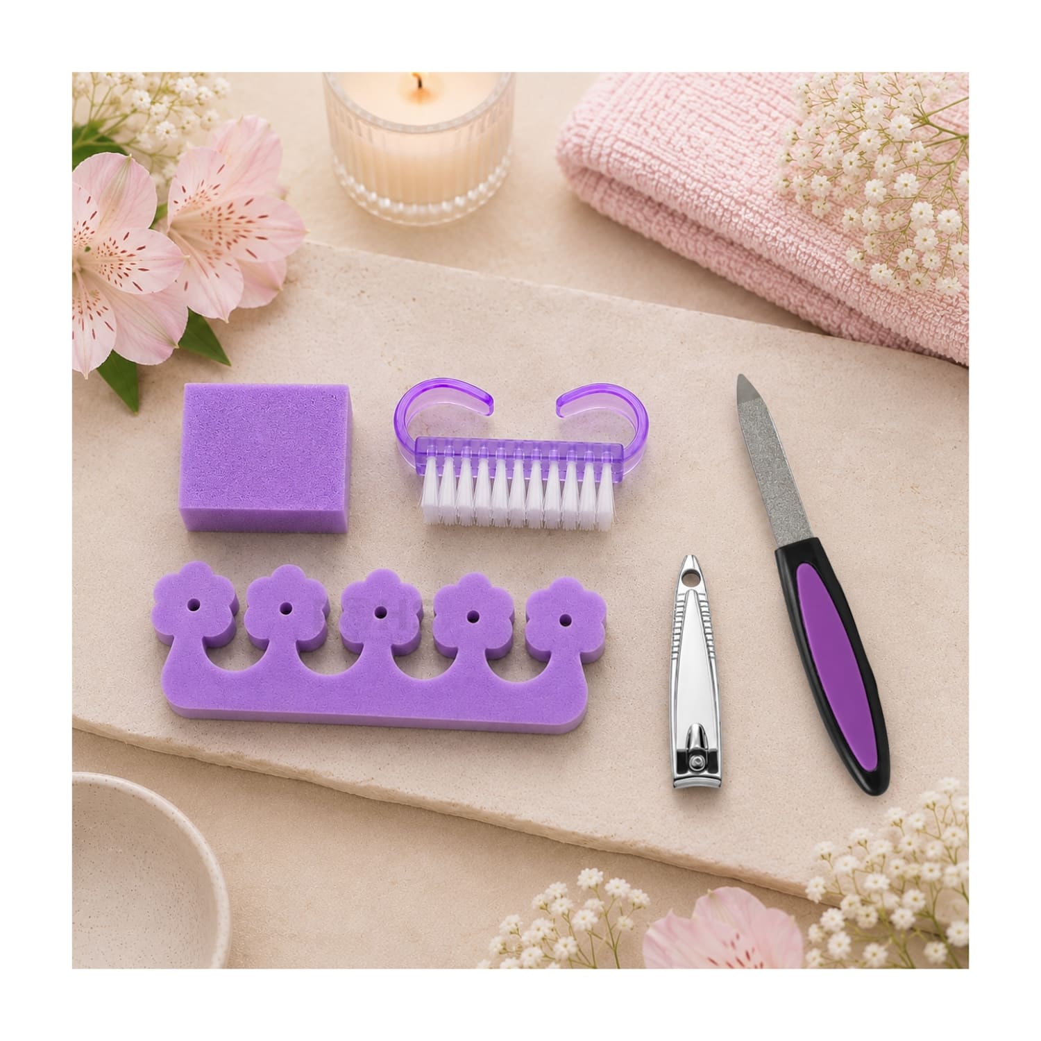 KIT PEDICURA MORADO CON SEPARADOR DE DEDOS LIMA CORTAUÑAS Y CEPILLO DE LIMPIEZA - 3