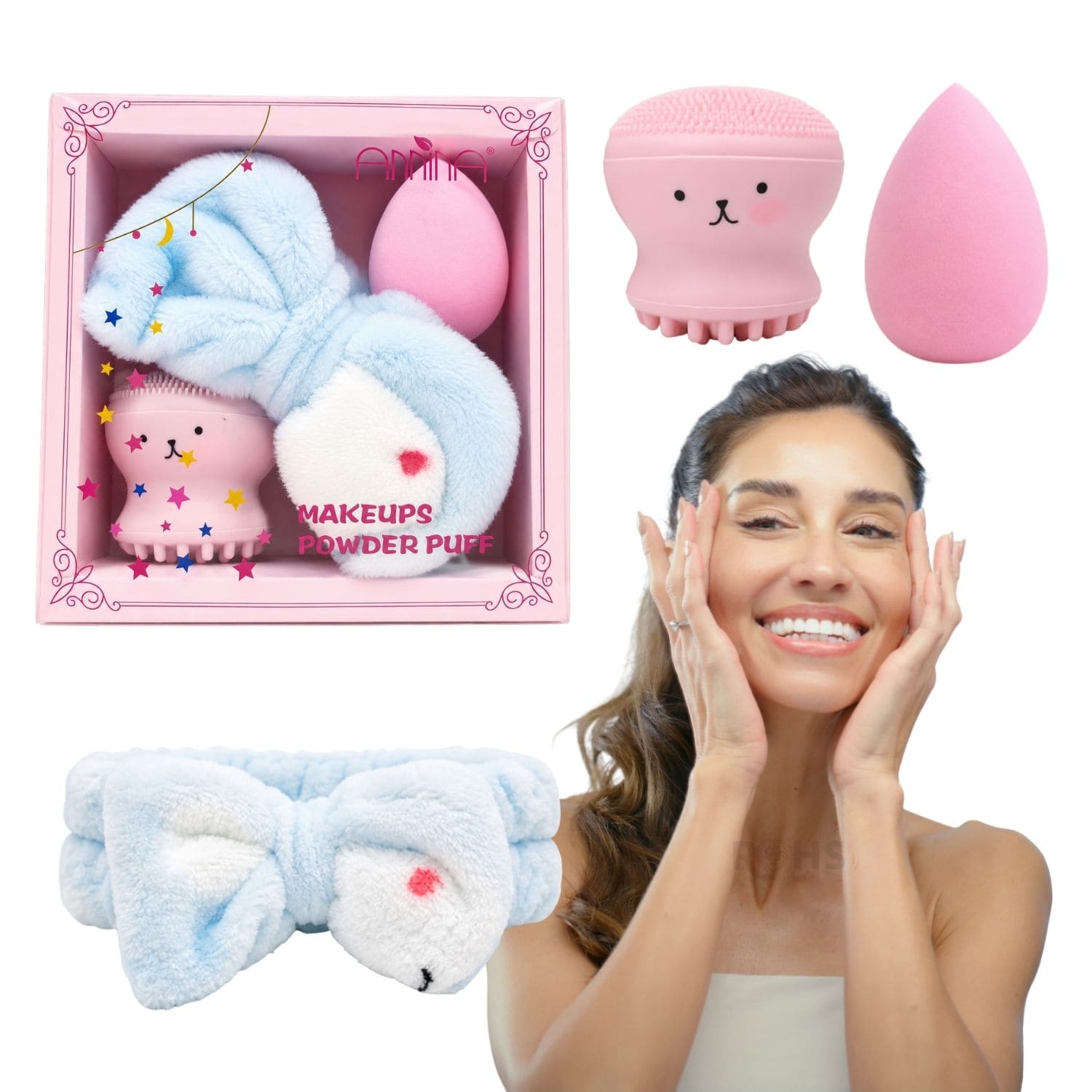 SET DE MAQUILLAJE FACIAL CON VINCHA FLUFFY CELESTE ESPONJA Y CEPILLO DE SILICONA ROSA - 1