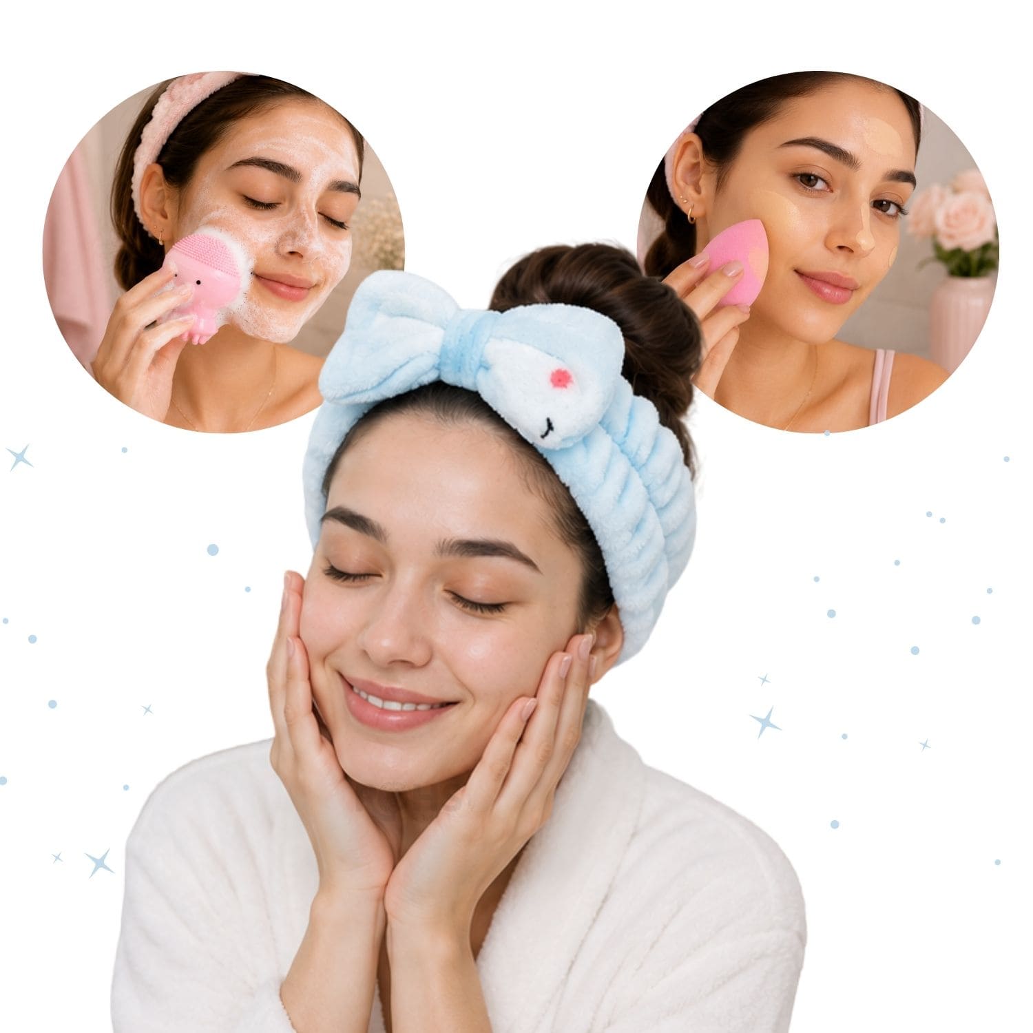 SET DE MAQUILLAJE FACIAL CON VINCHA FLUFFY CELESTE ESPONJA Y CEPILLO DE SILICONA ROSA - 6