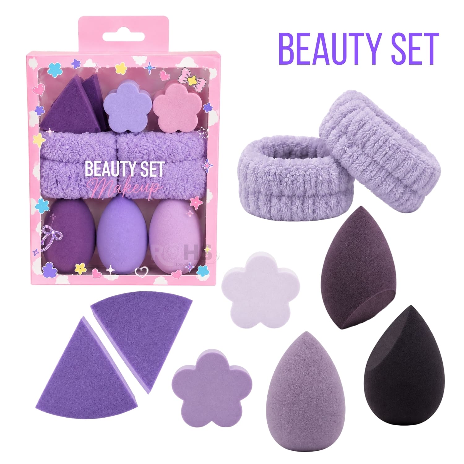 SET DE MAQUILLAJE Y SKINCARE MORADO CON MUÑEQUERAS FLUFFY Y ESPONJAS BEAUTY BLENDER - 1