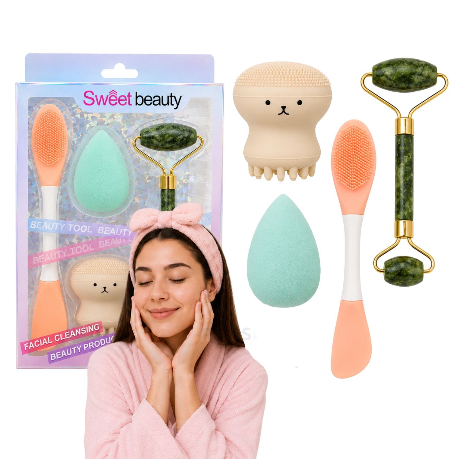 SET DE SKINCARE Y MAQUILLAJE CORAL CON RODILLO FACIAL ESPONJA Y CEPILLO DE SILICONA - 1