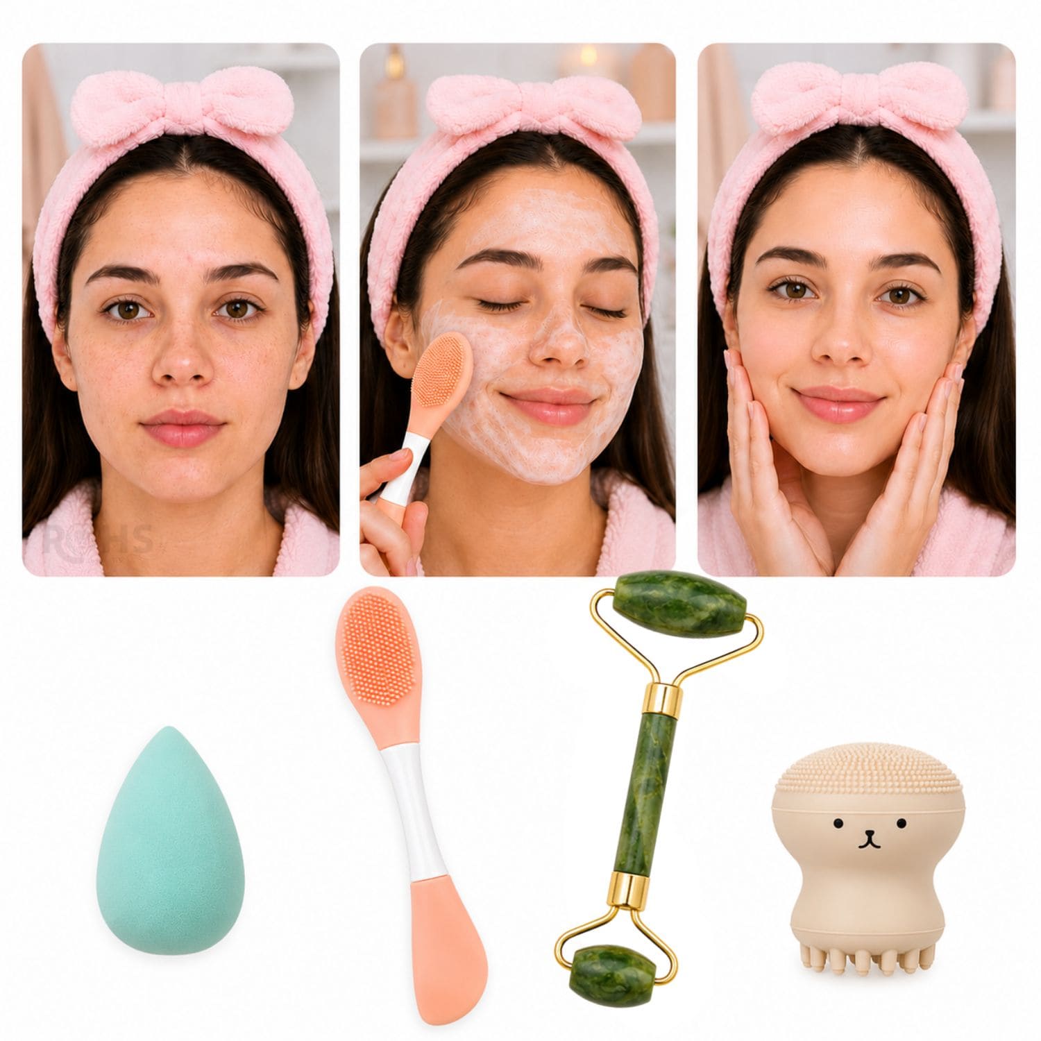 SET DE SKINCARE Y MAQUILLAJE CORAL CON RODILLO FACIAL ESPONJA Y CEPILLO DE SILICONA - 2