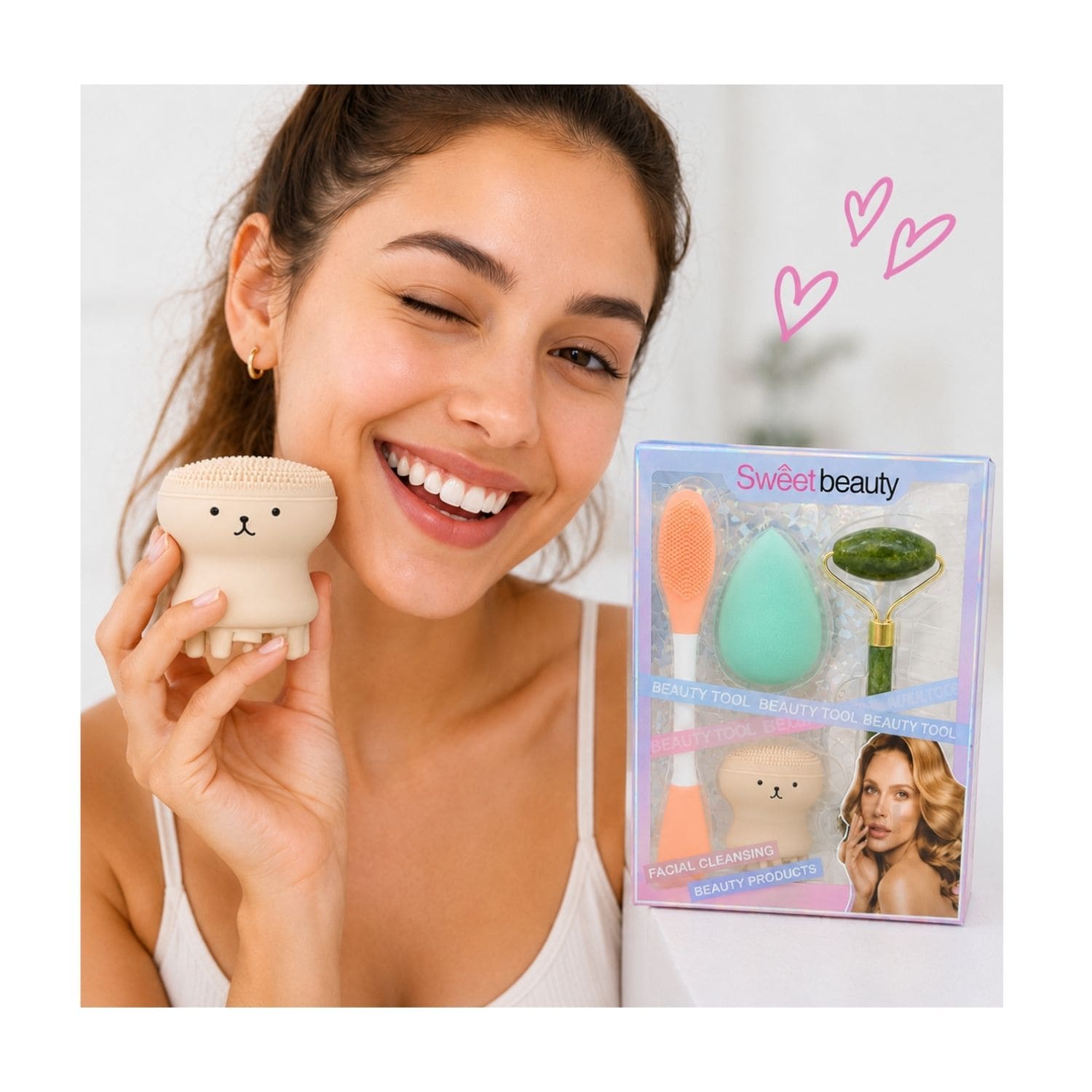 SET DE SKINCARE Y MAQUILLAJE CORAL CON RODILLO FACIAL ESPONJA Y CEPILLO DE SILICONA - 4