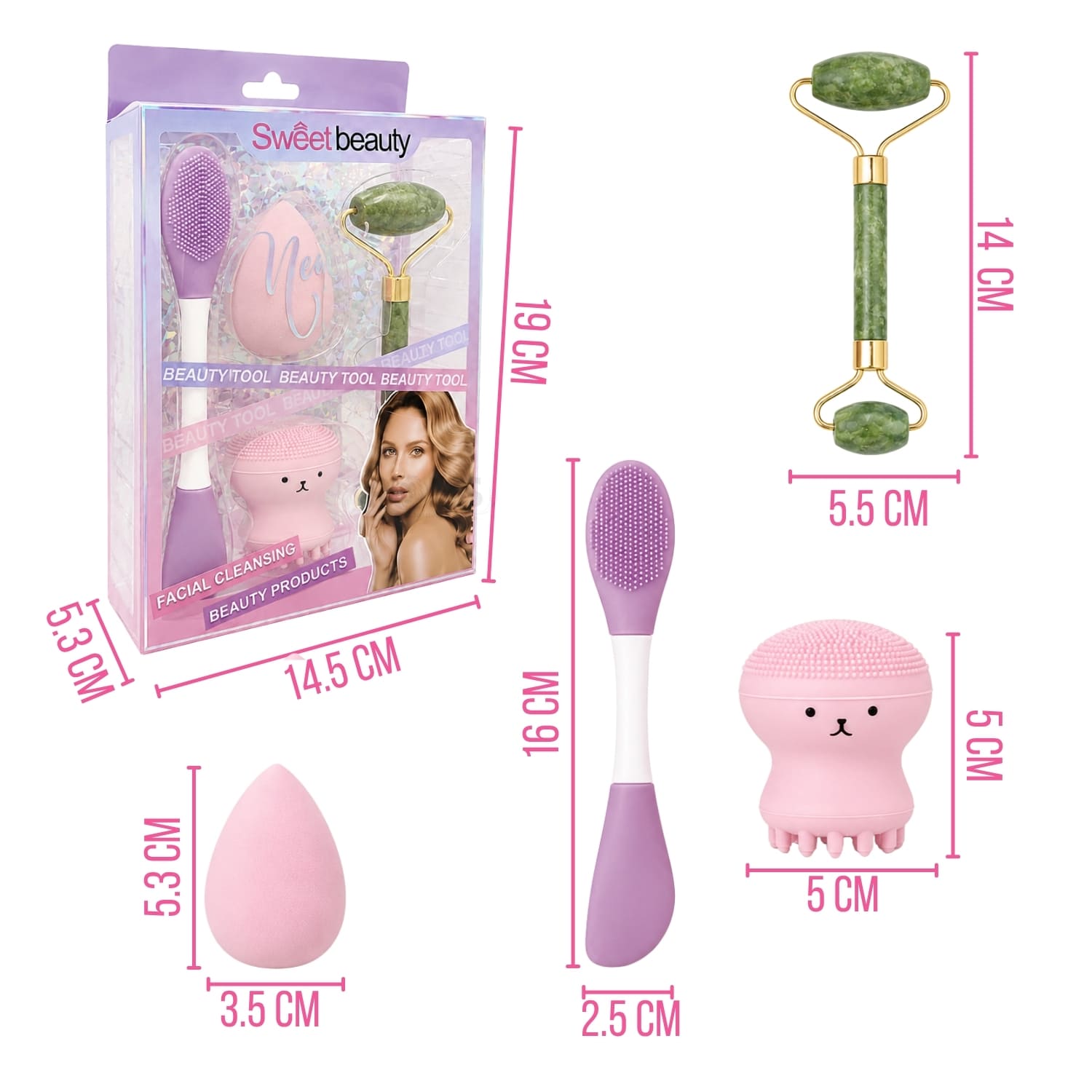SET DE SKINCARE Y MAQUILLAJE ROSADO CON RODILLO FACIAL ESPONJA Y CEPILLO DE SILICONA - 3