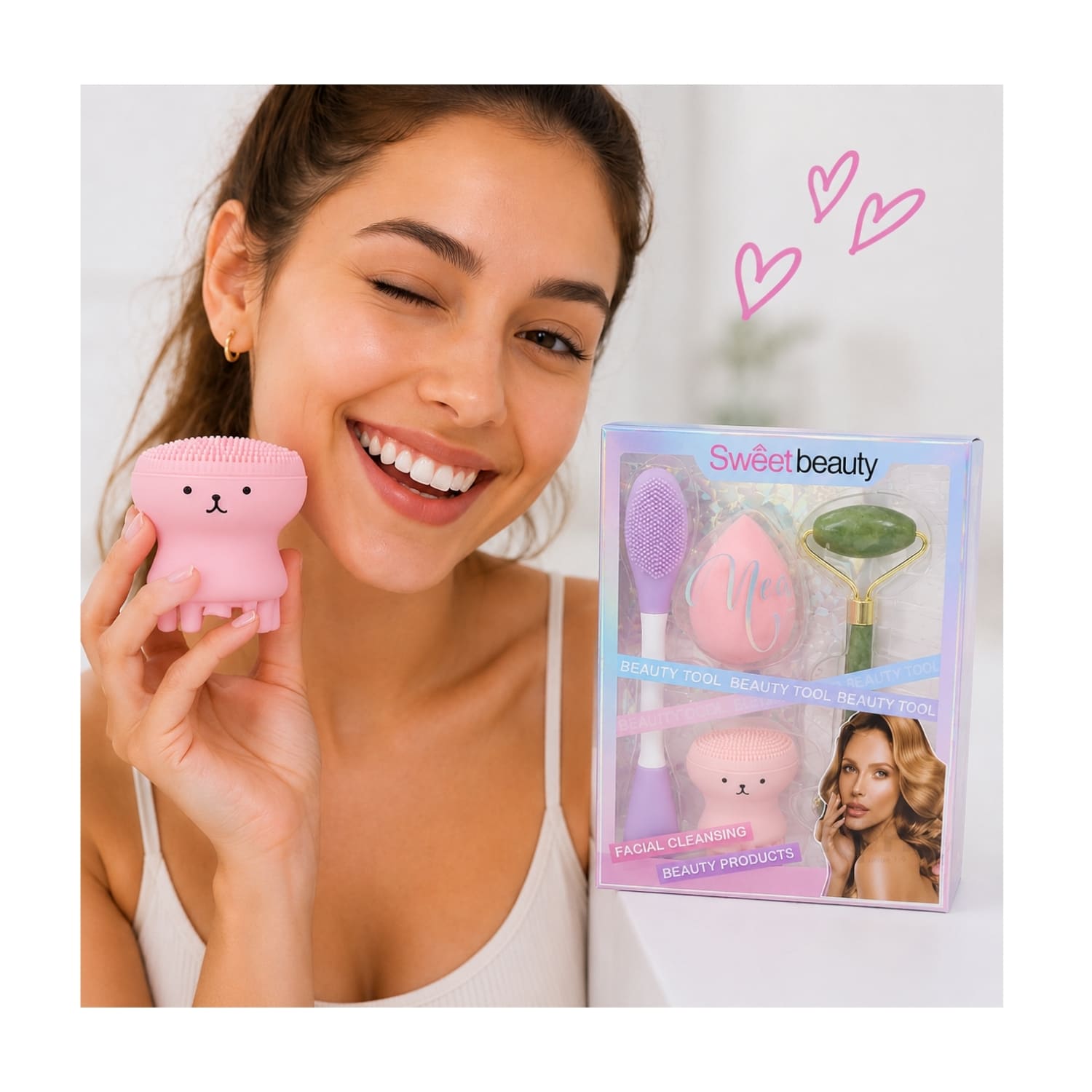 SET DE SKINCARE Y MAQUILLAJE ROSADO CON RODILLO FACIAL ESPONJA Y CEPILLO DE SILICONA - 4
