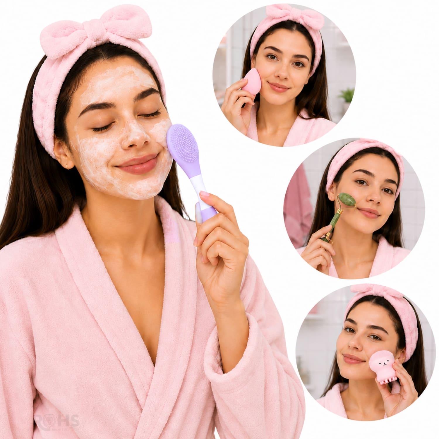 SET DE SKINCARE Y MAQUILLAJE ROSADO CON RODILLO FACIAL ESPONJA Y CEPILLO DE SILICONA - 5