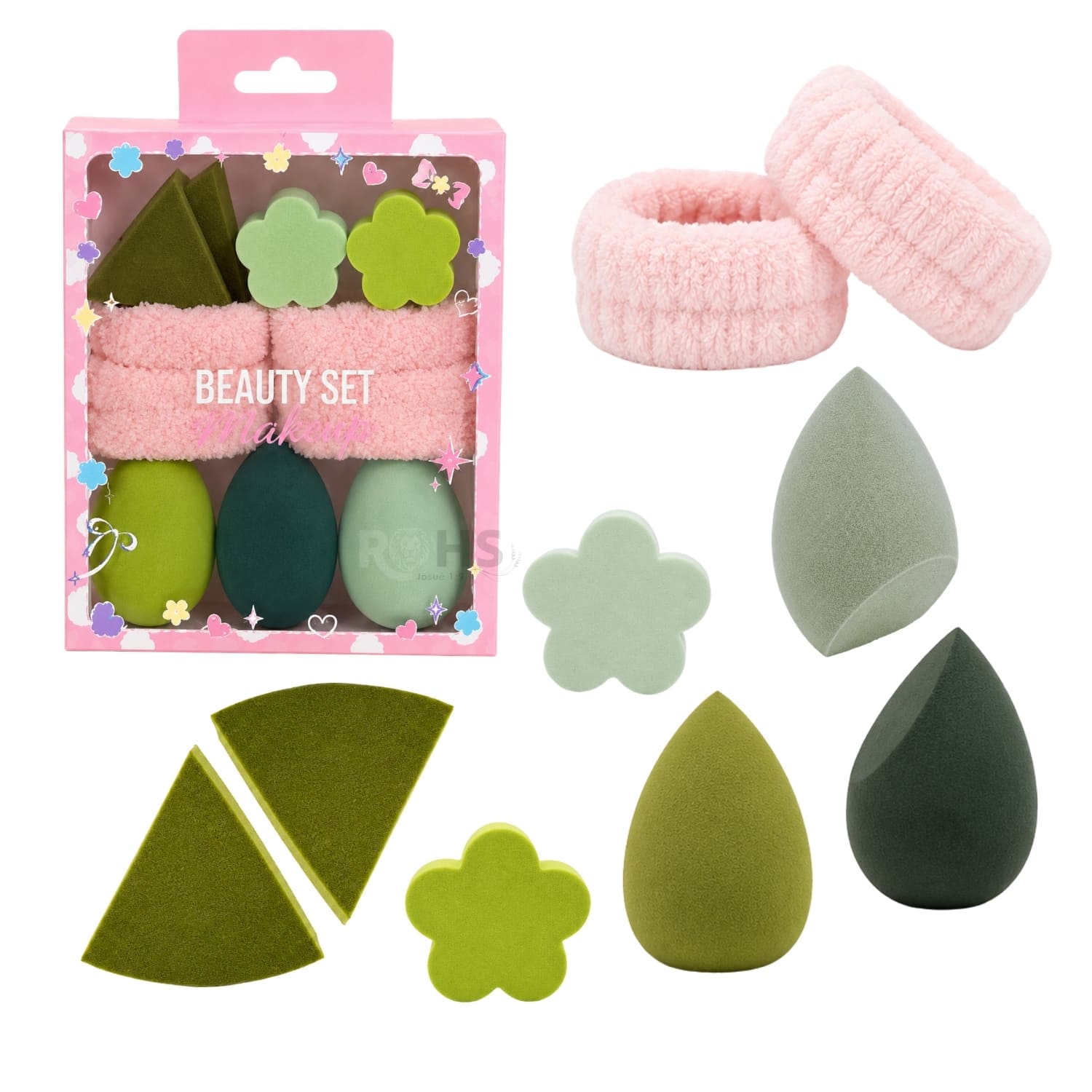 SET DE MAQUILLAJE Y SKINCARE VERDE CON MUÑEQUERAS FLUFFY Y ESPONJAS BEAUTY BLENDER - 1