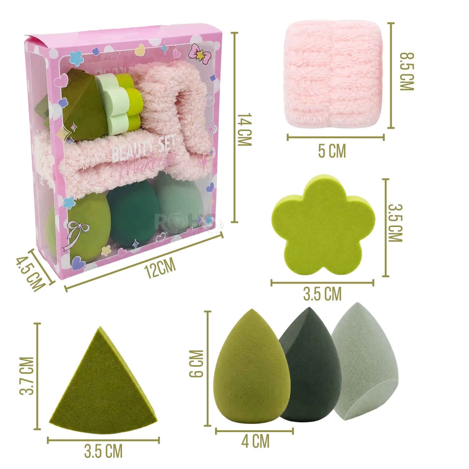 SET DE MAQUILLAJE Y SKINCARE VERDE CON MUÑEQUERAS FLUFFY Y ESPONJAS BEAUTY BLENDER - 2
