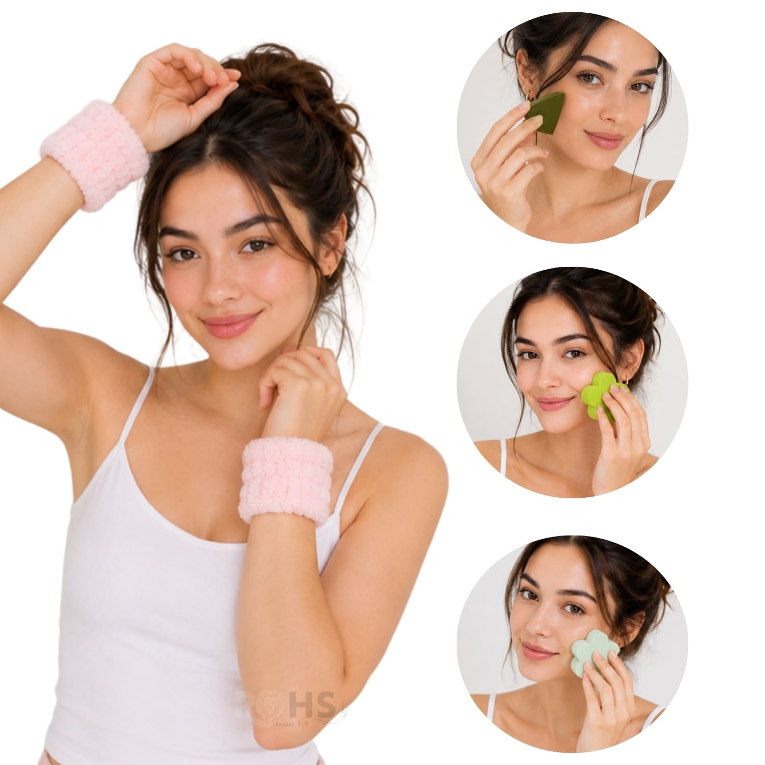 SET DE MAQUILLAJE Y SKINCARE VERDE CON MUÑEQUERAS FLUFFY Y ESPONJAS BEAUTY BLENDER - 3