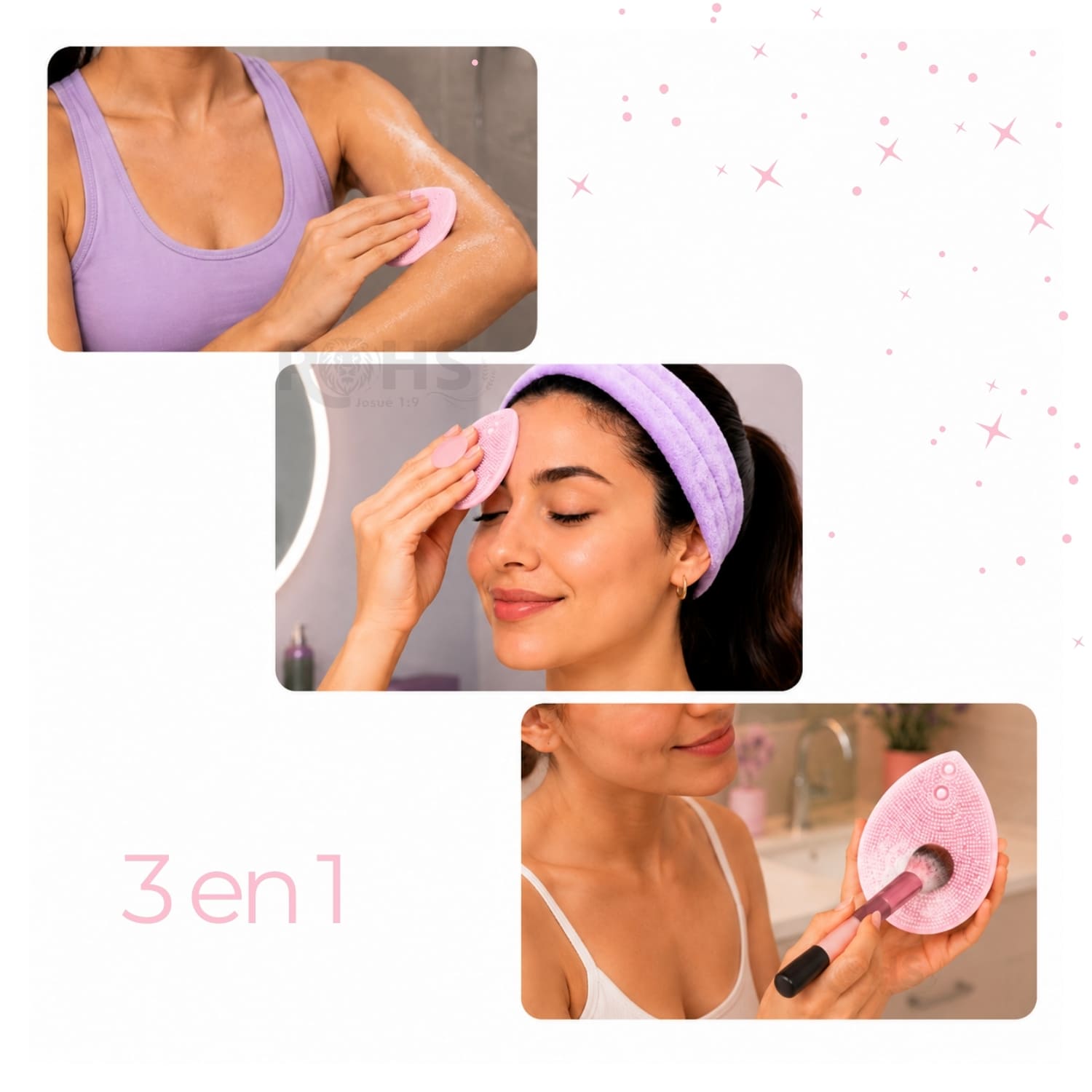 SET DE SKINCARE ROSA CON VINCHA FLUFFY ESPONJA Y CEPILLO DE SILICONA - 4