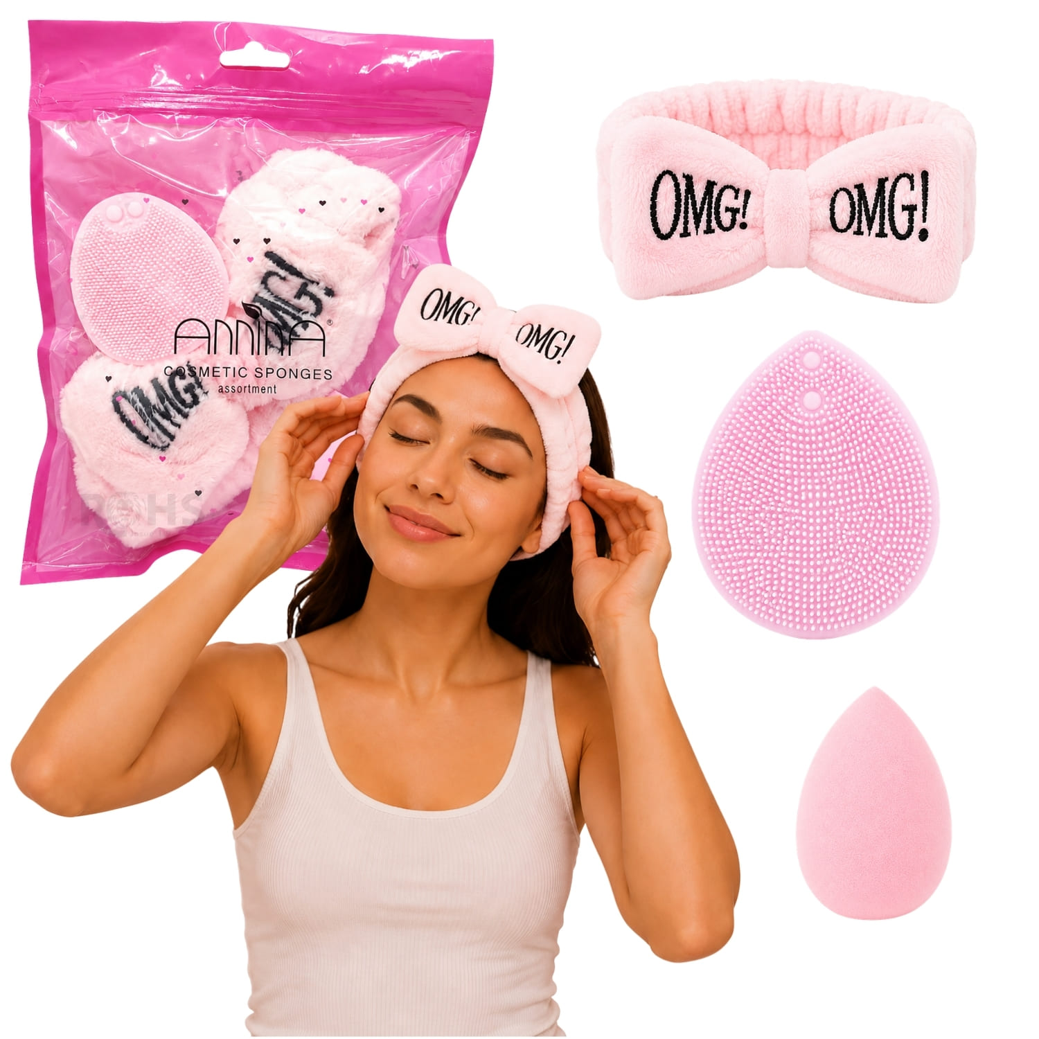 SET DE SKINCARE ROSA SUAVE CON VINCHA FLUFFY ESPONJA Y CEPILLO DE SILICONA - 1