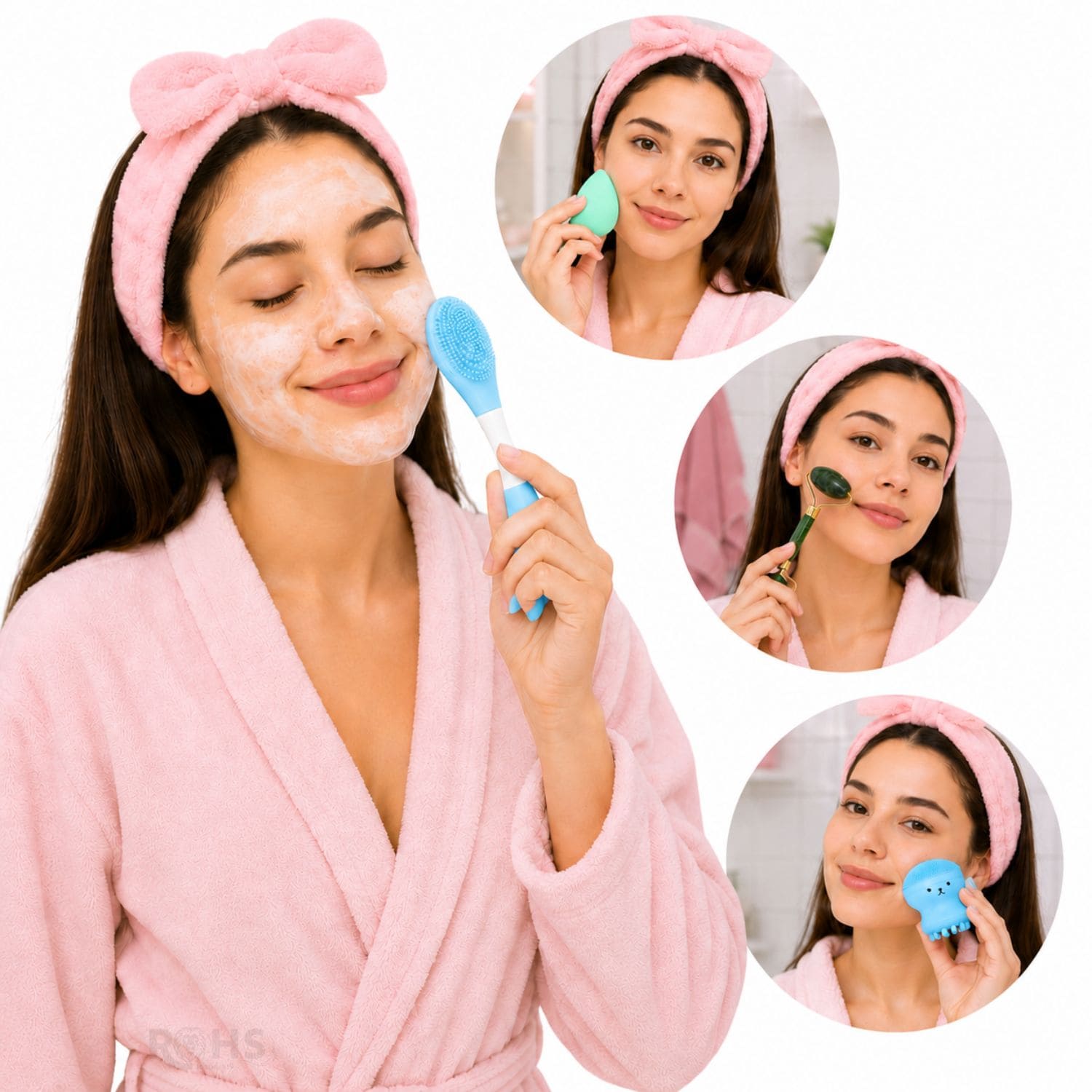 SET DE SKINCARE Y MAQUILLAJE CELESTE CON RODILLO FACIAL ESPONJA Y CEPILLO DE SILICONA - 5