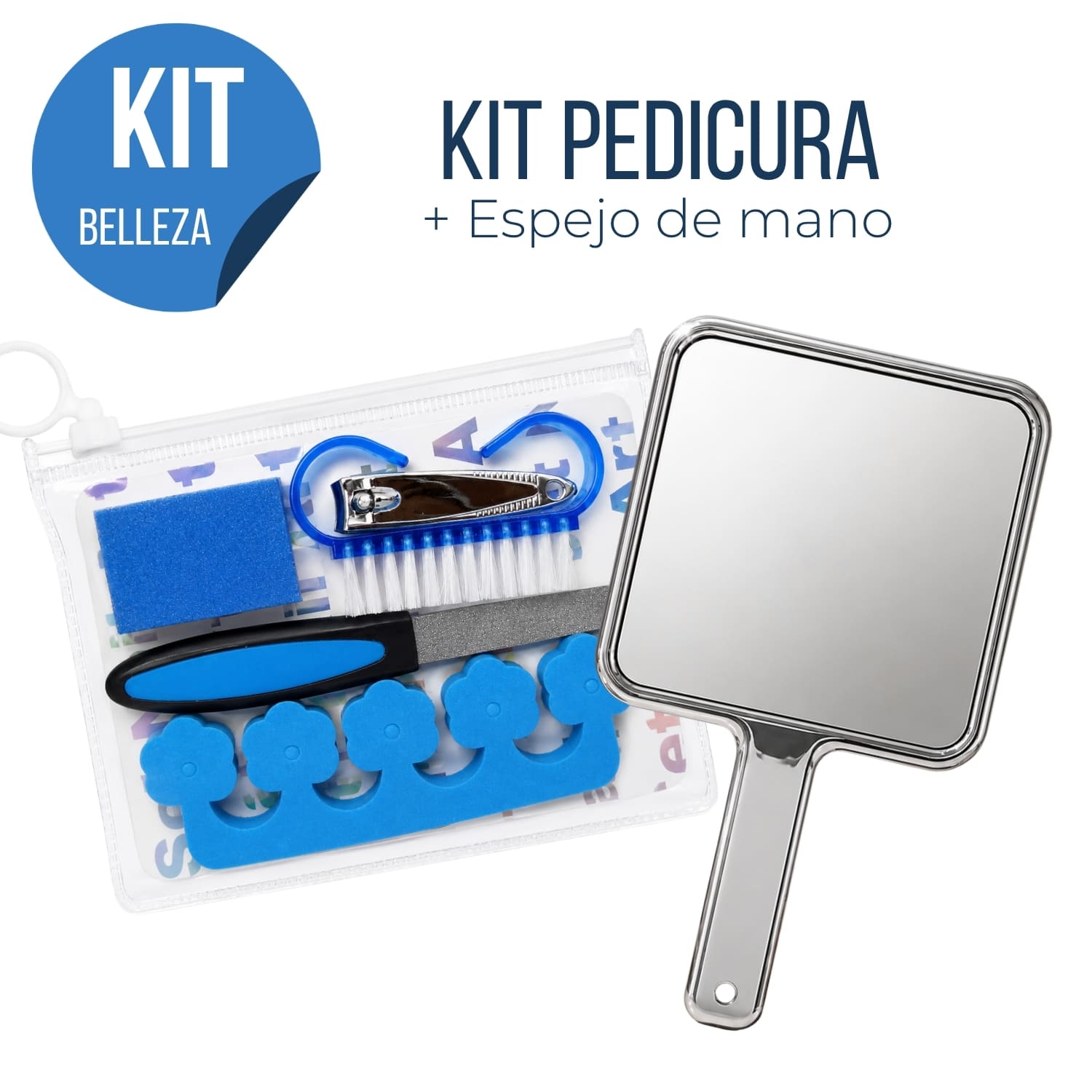 KIT PEDICURA AZUL CON CEPILLO DE LIMPIEZA Y ESPEJO DE MANO PLATEADO - 1