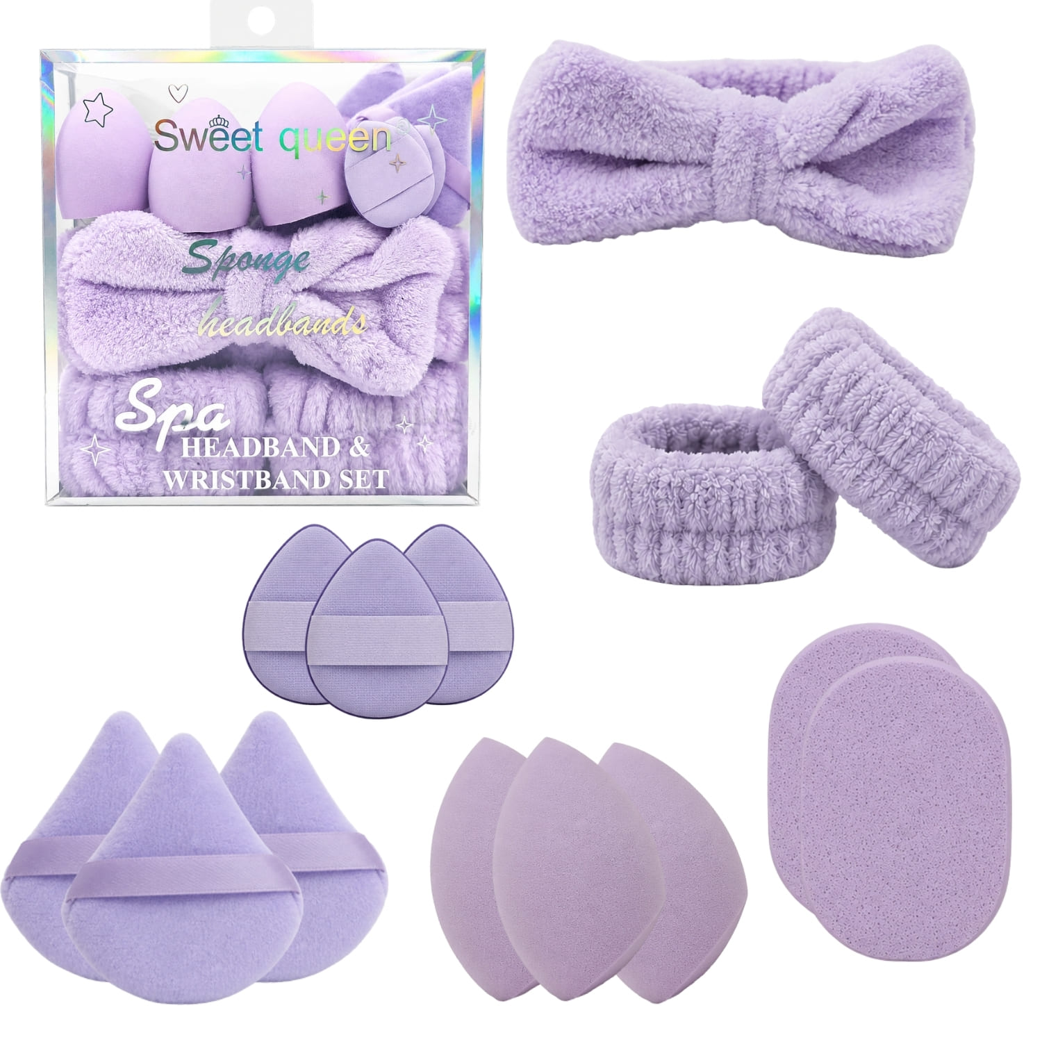 SET DE MAQUILLAJE Y SKINCARE MORADO CON VINCHA FLUFFY MUÑEQUERAS Y ESPONJAS FACIALES - 1