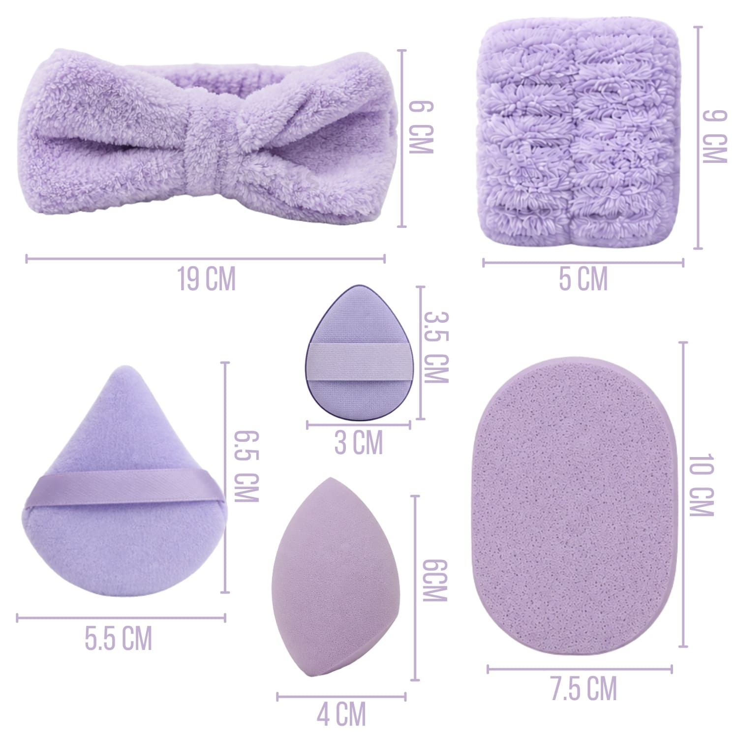 SET DE MAQUILLAJE Y SKINCARE MORADO CON VINCHA FLUFFY MUÑEQUERAS Y ESPONJAS FACIALES - 2