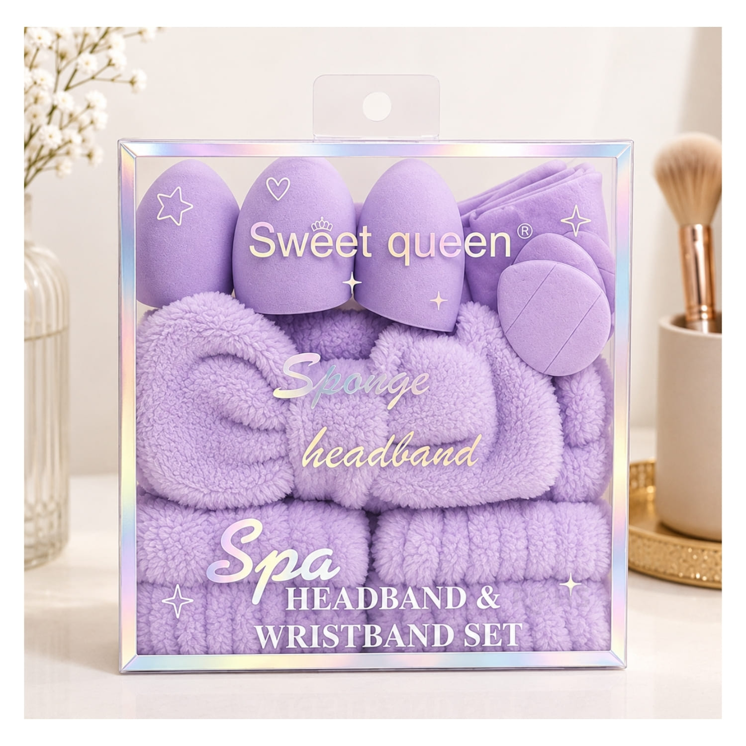 SET DE MAQUILLAJE Y SKINCARE MORADO CON VINCHA FLUFFY MUÑEQUERAS Y ESPONJAS FACIALES - 3
