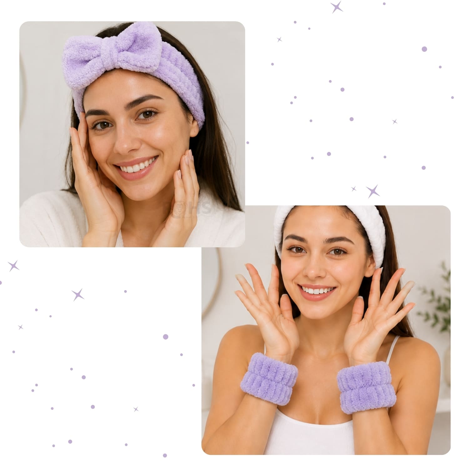 SET DE MAQUILLAJE Y SKINCARE MORADO CON VINCHA FLUFFY MUÑEQUERAS Y ESPONJAS FACIALES - 4