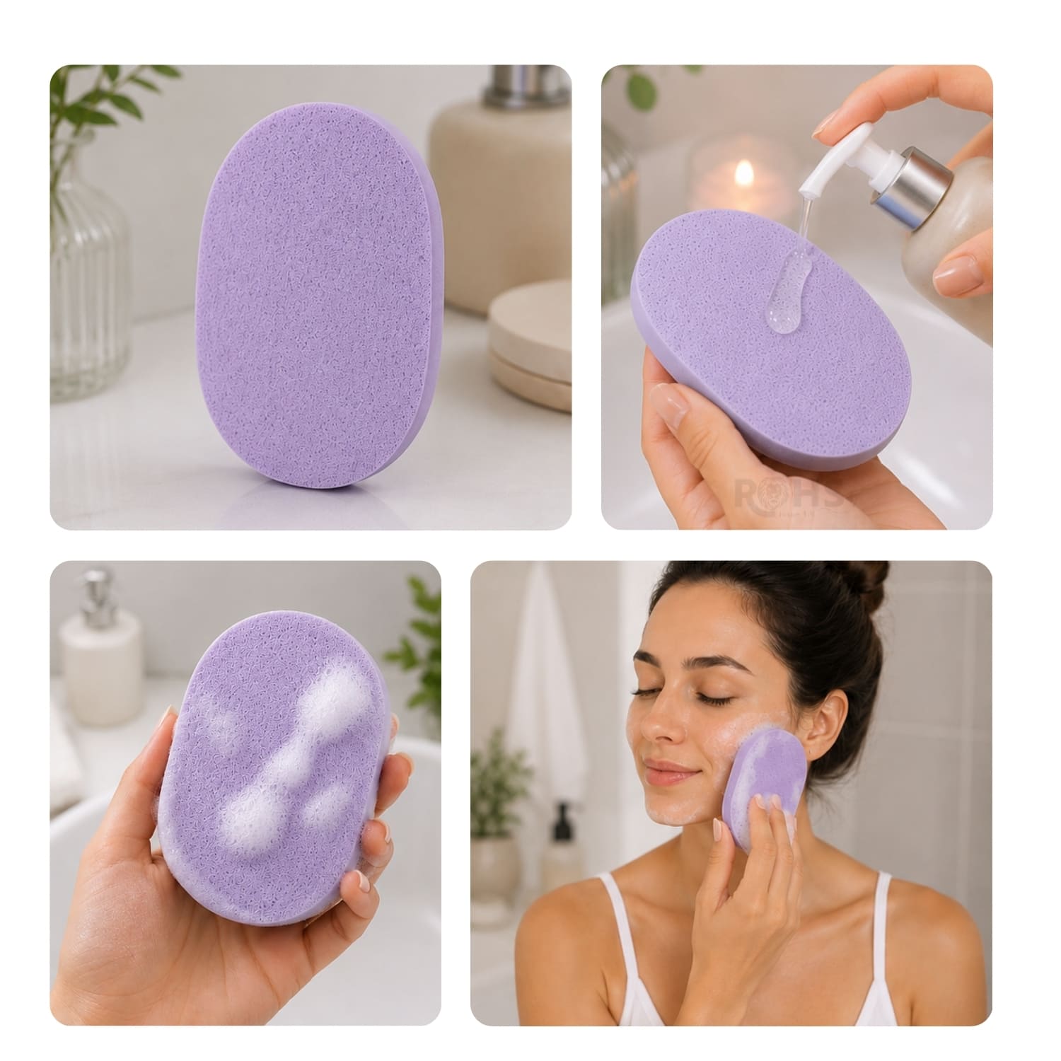 SET DE MAQUILLAJE Y SKINCARE MORADO CON VINCHA FLUFFY MUÑEQUERAS Y ESPONJAS FACIALES - 6