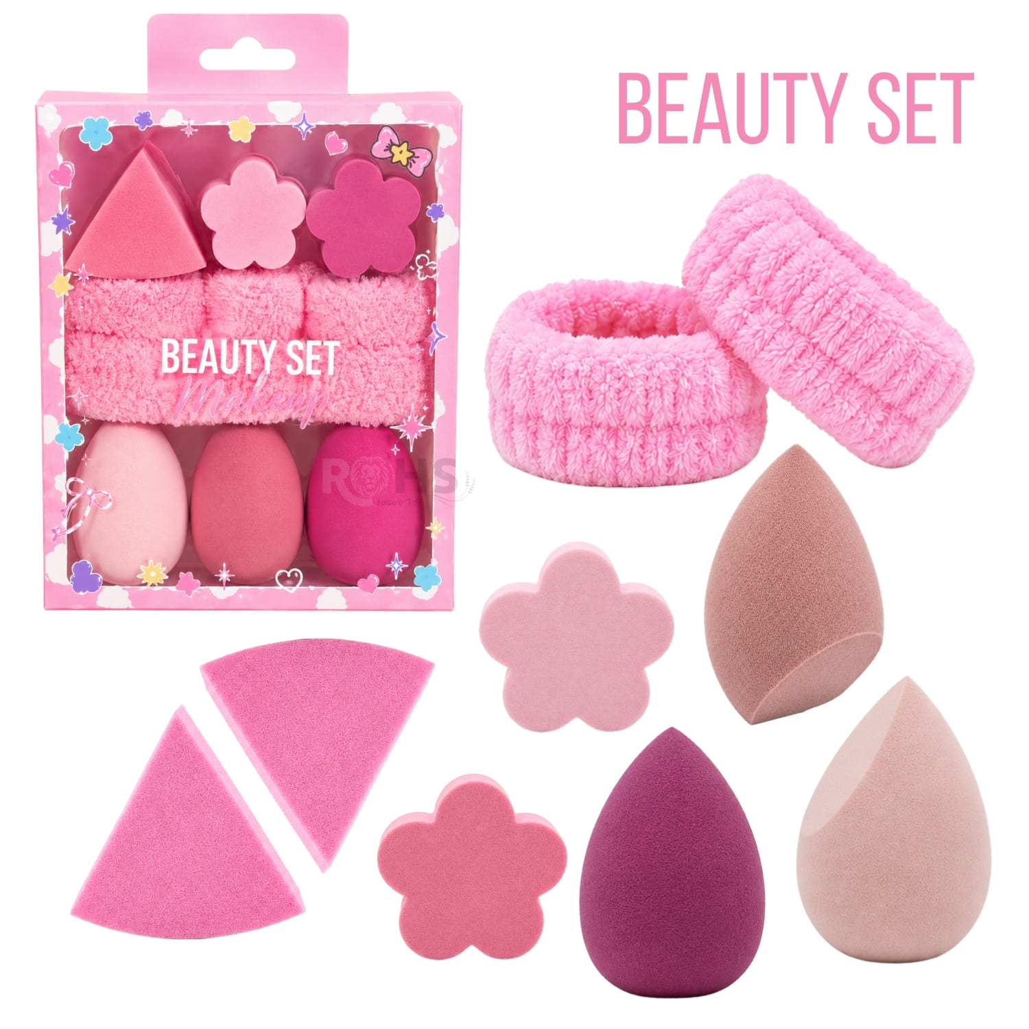 SET DE MAQUILLAJE Y SKINCARE ROSADO CON MUÑEQUERAS FLUFFY Y ESPONJAS BEAUTY BLENDER - 1