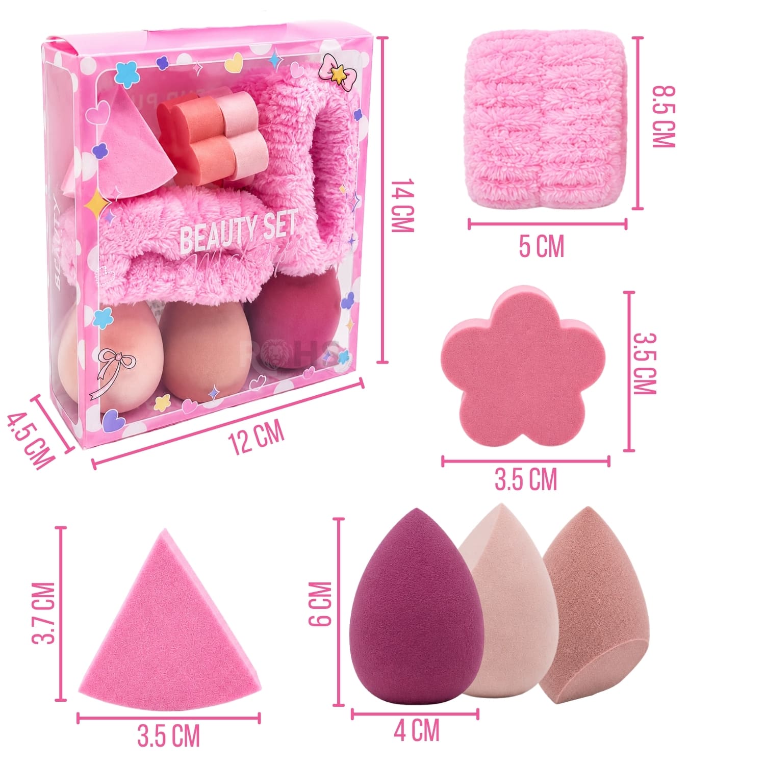SET DE MAQUILLAJE Y SKINCARE ROSADO CON MUÑEQUERAS FLUFFY Y ESPONJAS BEAUTY BLENDER - 2
