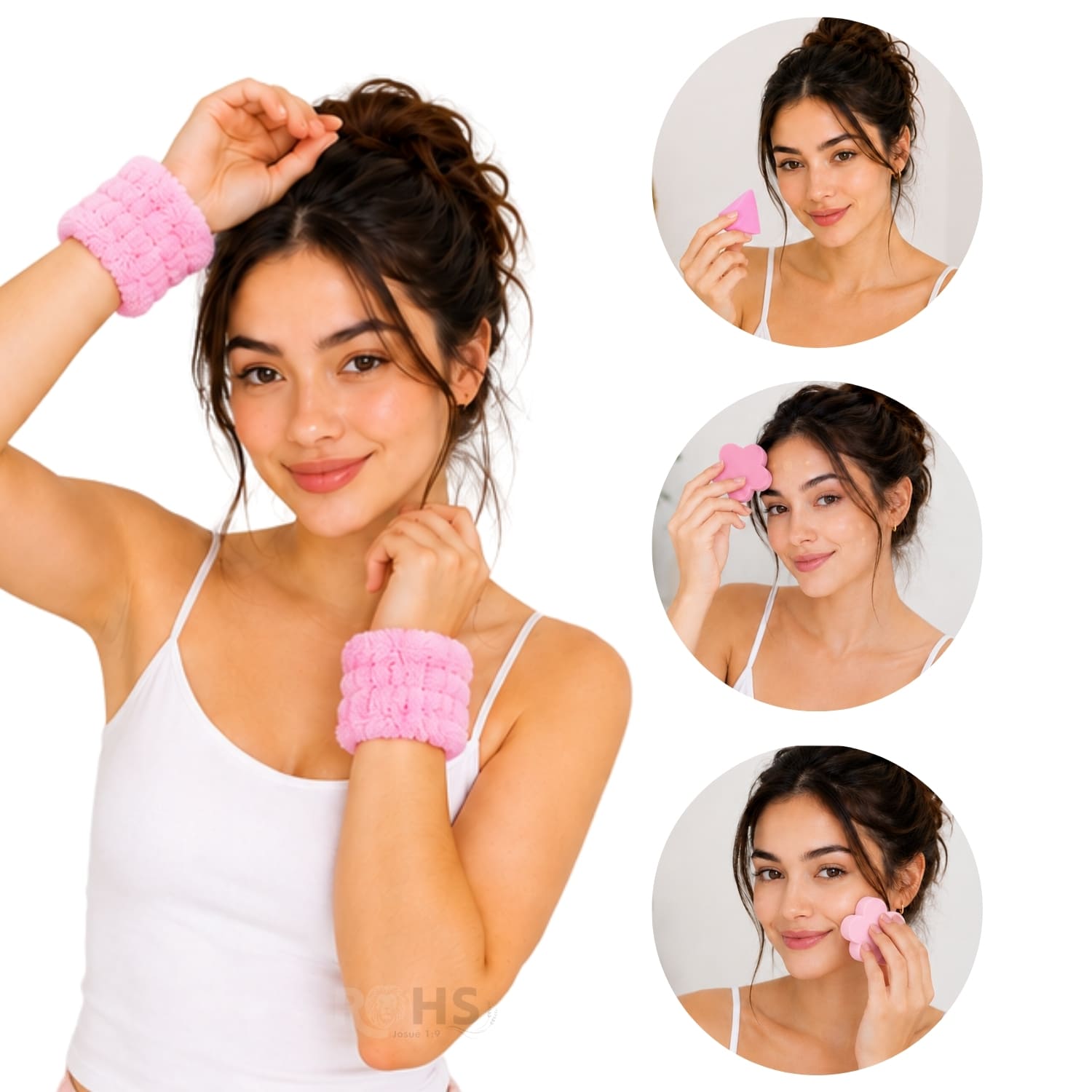 SET DE MAQUILLAJE Y SKINCARE ROSADO CON MUÑEQUERAS FLUFFY Y ESPONJAS BEAUTY BLENDER - 3