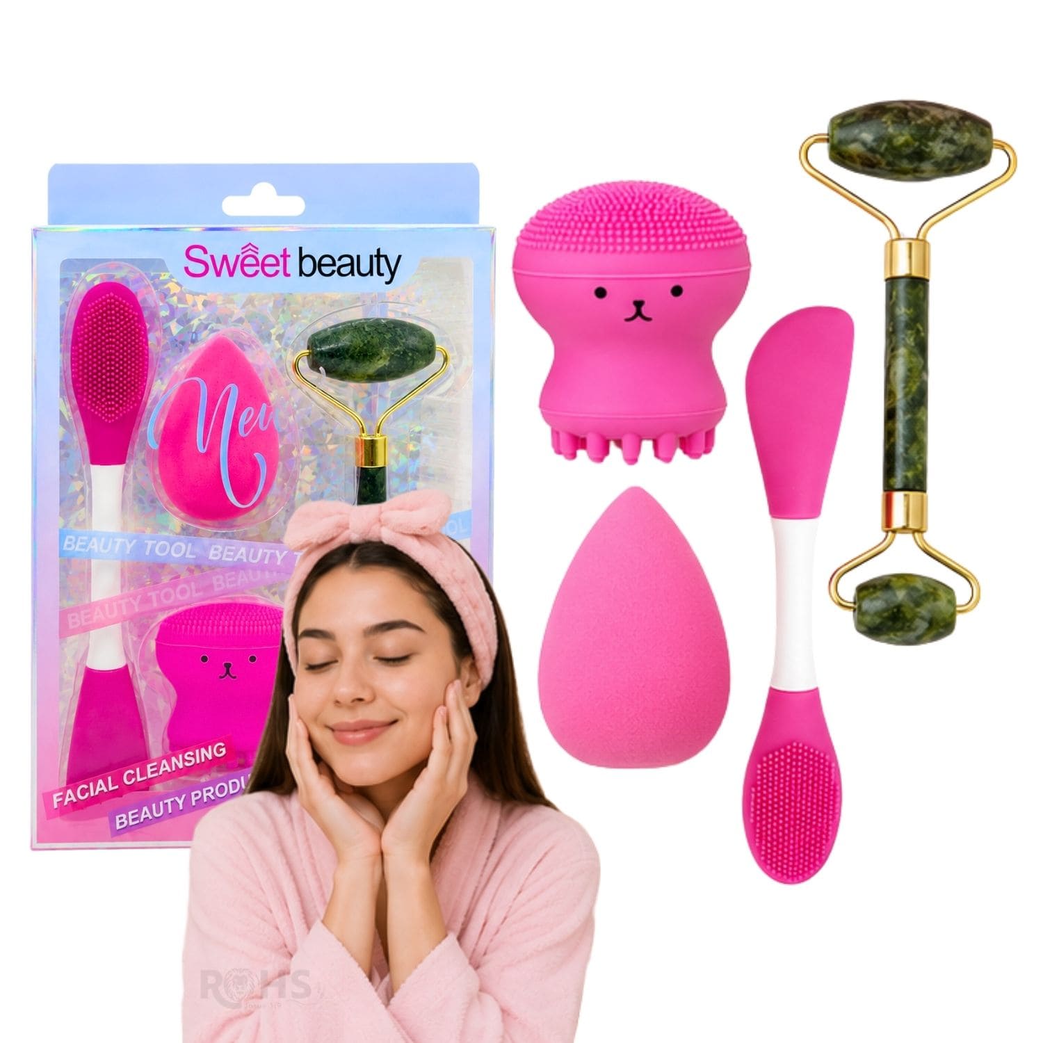 SET DE SKINCARE Y MAQUILLAJE FUCSIA CON RODILLO FACIAL ESPONJA Y CEPILLO DE SILICONA - 1