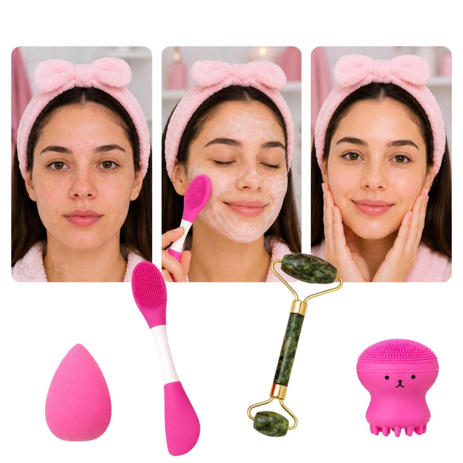 SET DE SKINCARE Y MAQUILLAJE FUCSIA CON RODILLO FACIAL ESPONJA Y CEPILLO DE SILICONA - 2