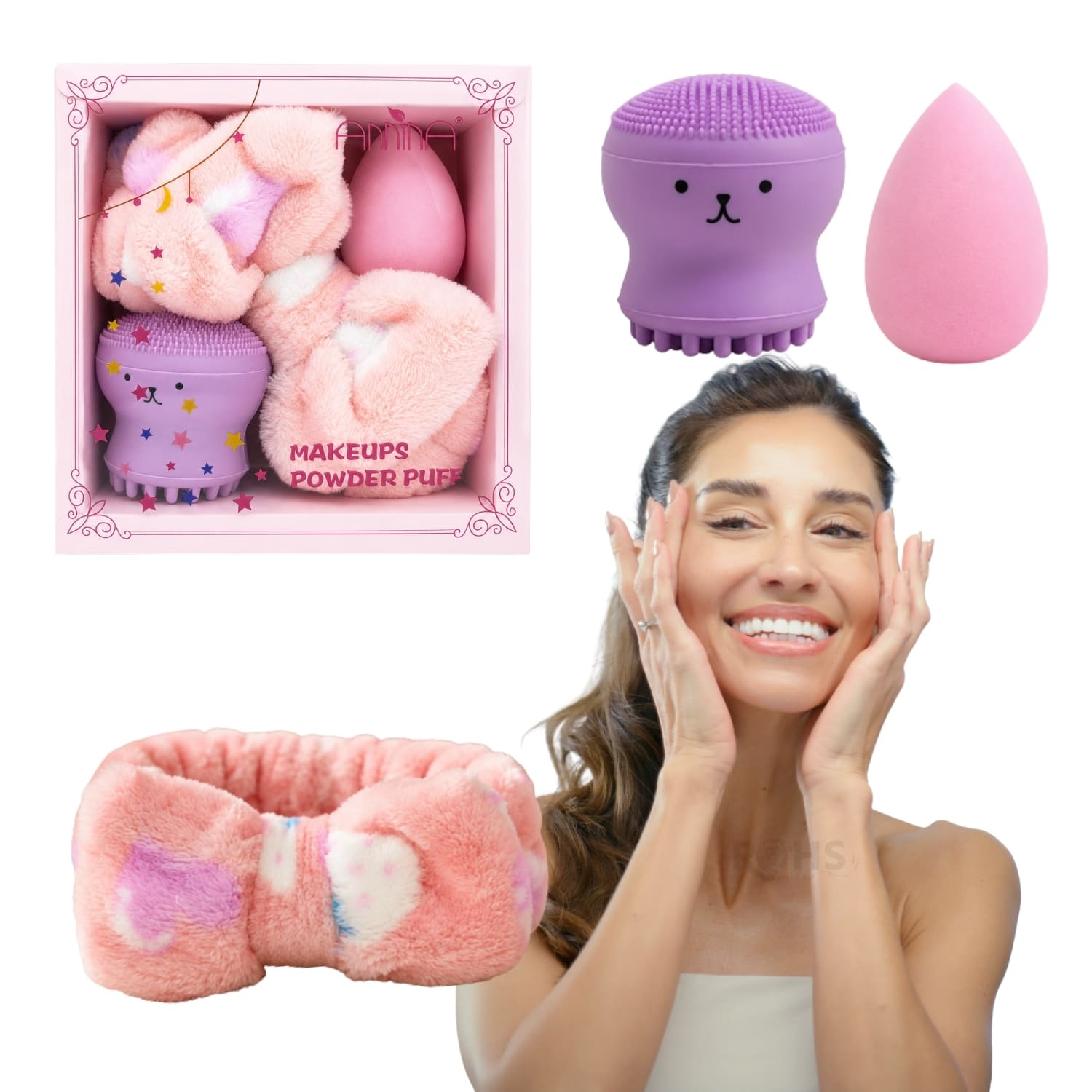 SET DE MAQUILLAJE FACIAL CON VINCHA FLUFFY ROSA ESPONJA ROSA Y CEPILLO DE SILICONA MORADO - 1
