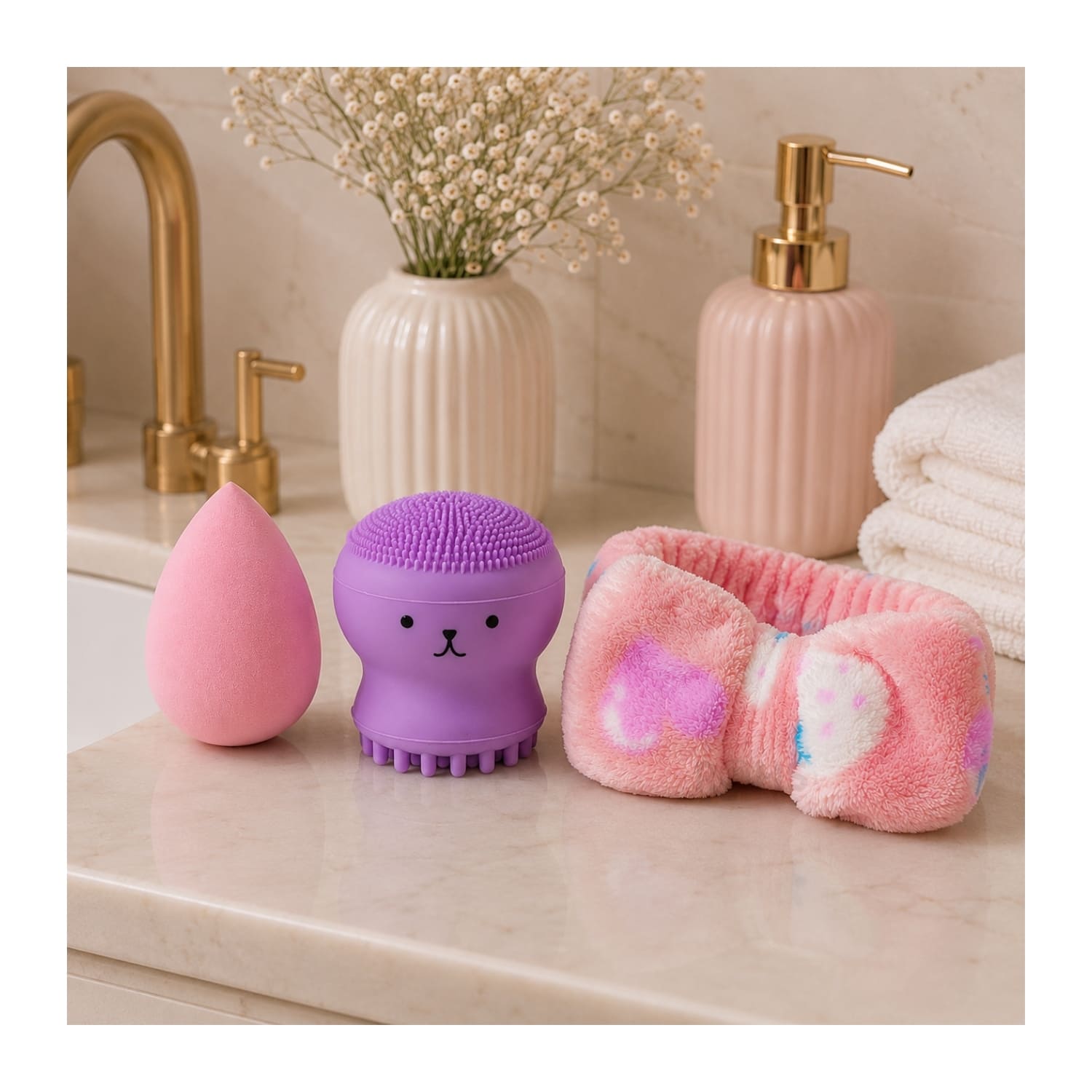 SET DE MAQUILLAJE FACIAL CON VINCHA FLUFFY ROSA ESPONJA ROSA Y CEPILLO DE SILICONA MORADO - 3