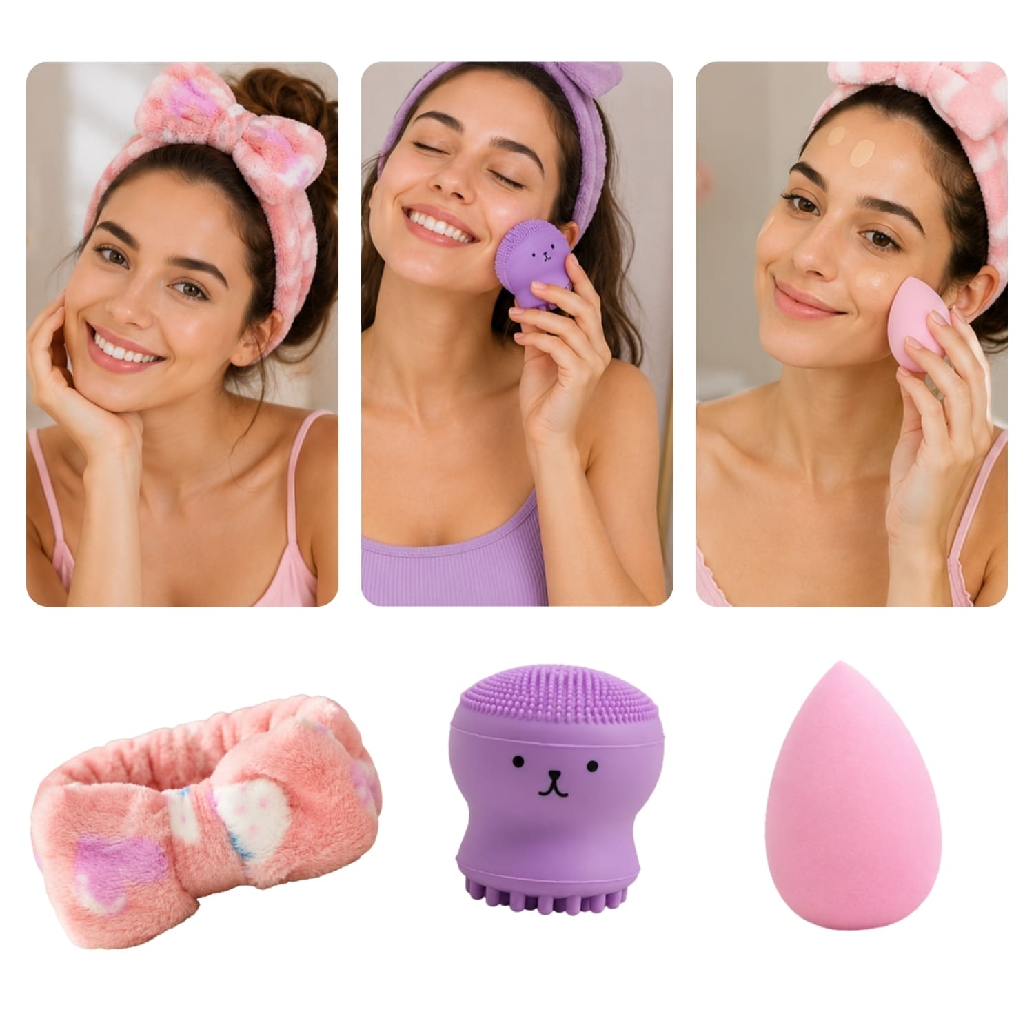 SET DE MAQUILLAJE FACIAL CON VINCHA FLUFFY ROSA ESPONJA ROSA Y CEPILLO DE SILICONA MORADO - 4