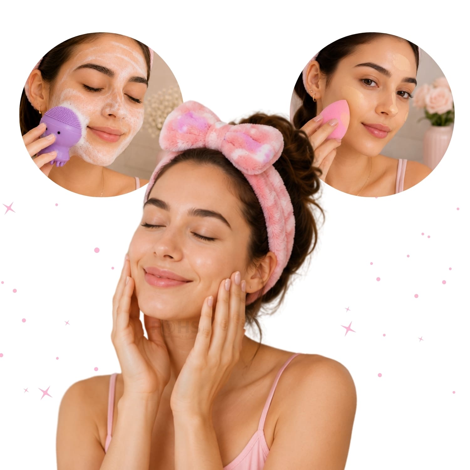 SET DE MAQUILLAJE FACIAL CON VINCHA FLUFFY ROSA ESPONJA ROSA Y CEPILLO DE SILICONA MORADO - 6