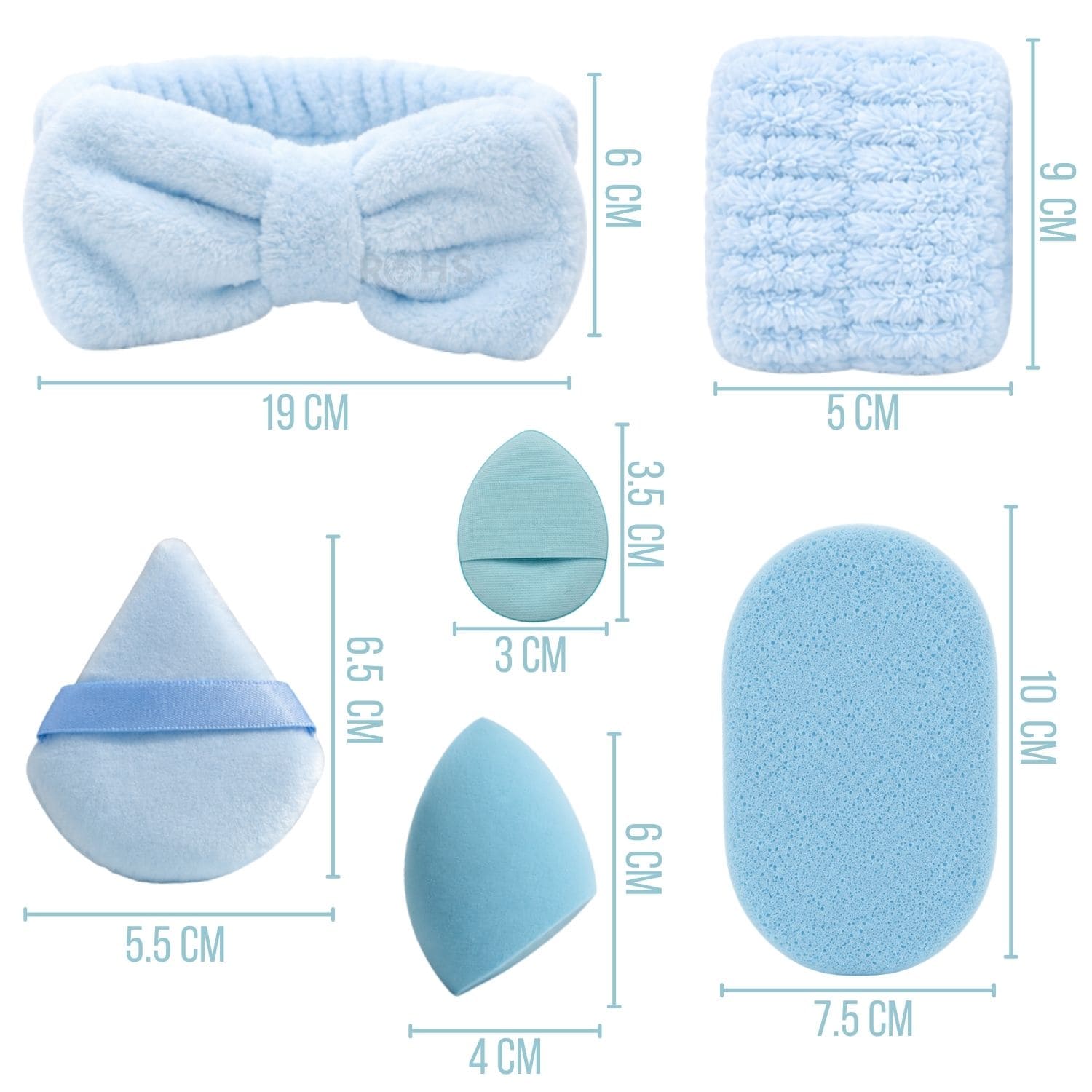 SET DE MAQUILLAJE Y SKINCARE CELESTE CON VINCHA FLUFFY MUÑEQUERAS Y ESPONJAS FACIALES - 2