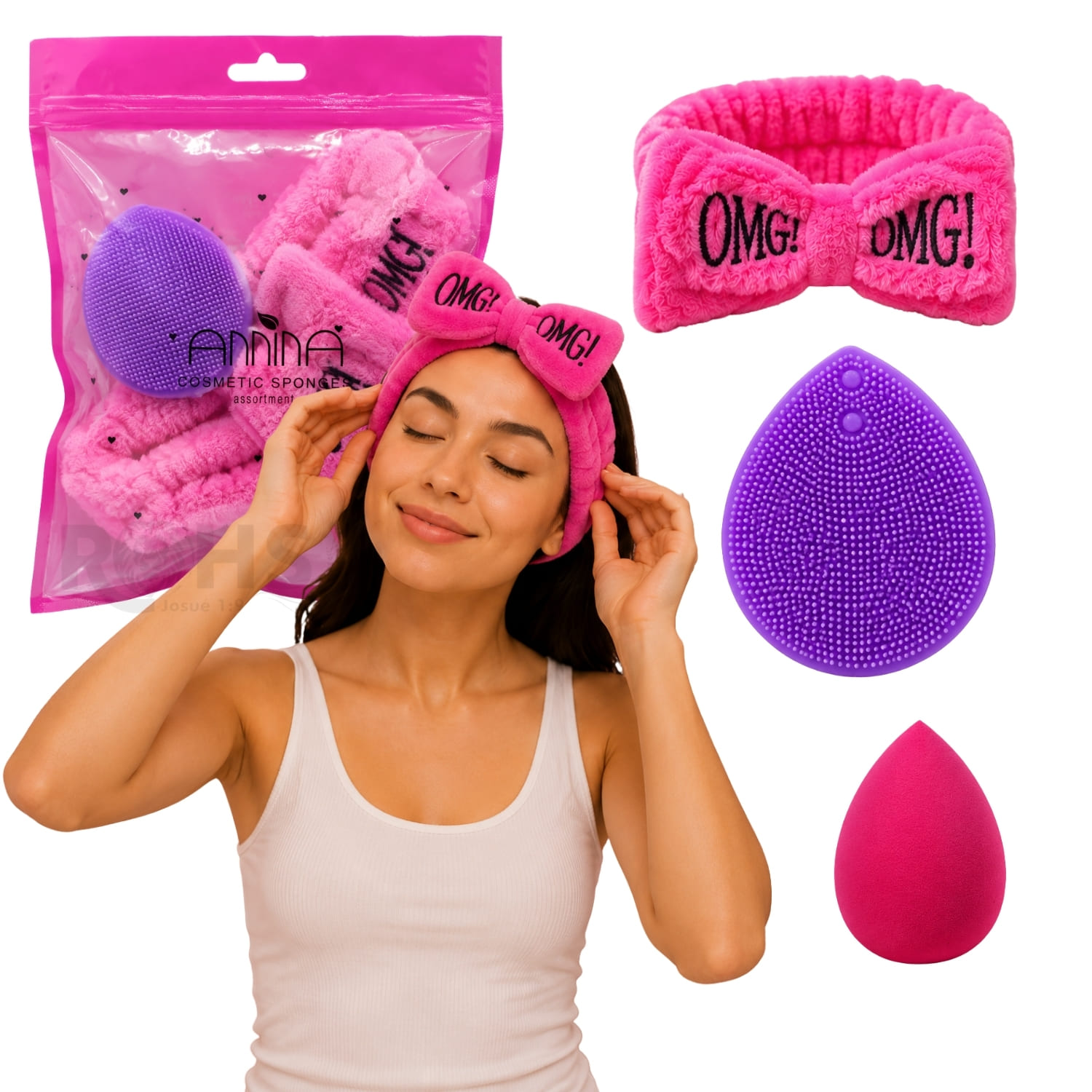 SET DE SKINCARE FUCSIA CON VINCHA FLUFFY ESPONJA Y CEPILLO DE SILICONA - 1