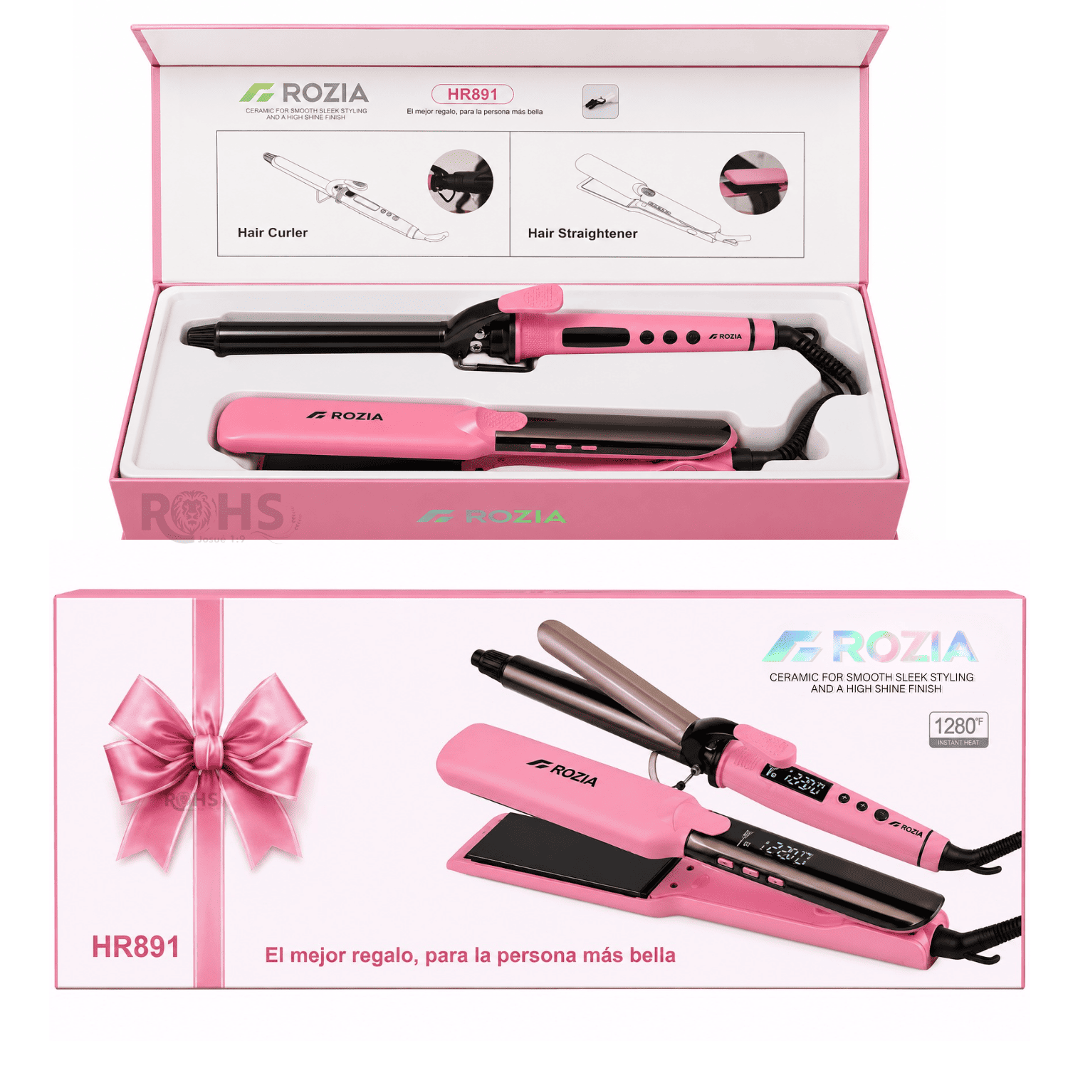 COMBO ROZIA PLANCHA ALISADORA Y RIZADOR DE CABELLO PROFESIONAL ROSADO HR-891 - 5
