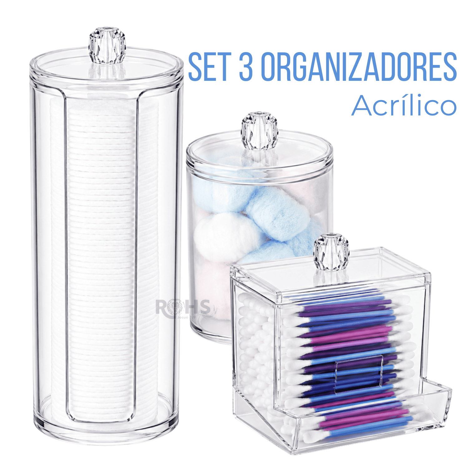 ORGANIZADORES ACRÍLICOS X3 CON TAPA PARA ALGODÓN DISCOS DESMAQUILLANTES E HISOPOS - 1