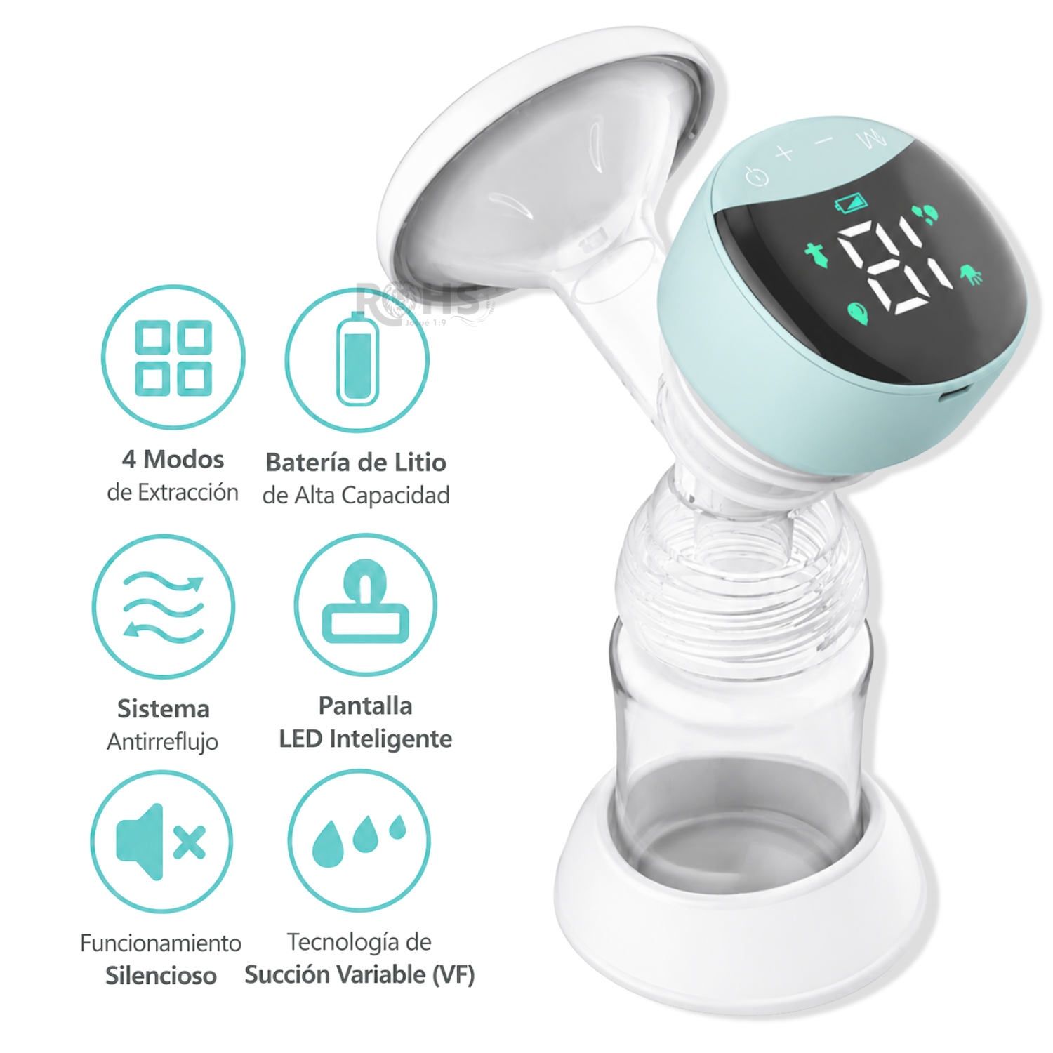 EXTRACTOR DE LECHE ELÉCTRICO RECARGABLE CON PANTALLA LED 4 MODOS Y BIBERÓN 180 ML - 3