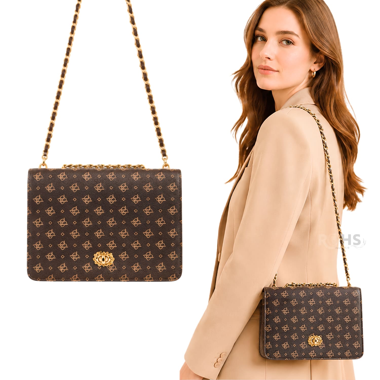 CARTERA ELEGANTE PARA MUJER CON CORREA DE CADENA Y DISEÑO  MARRÓN - 1