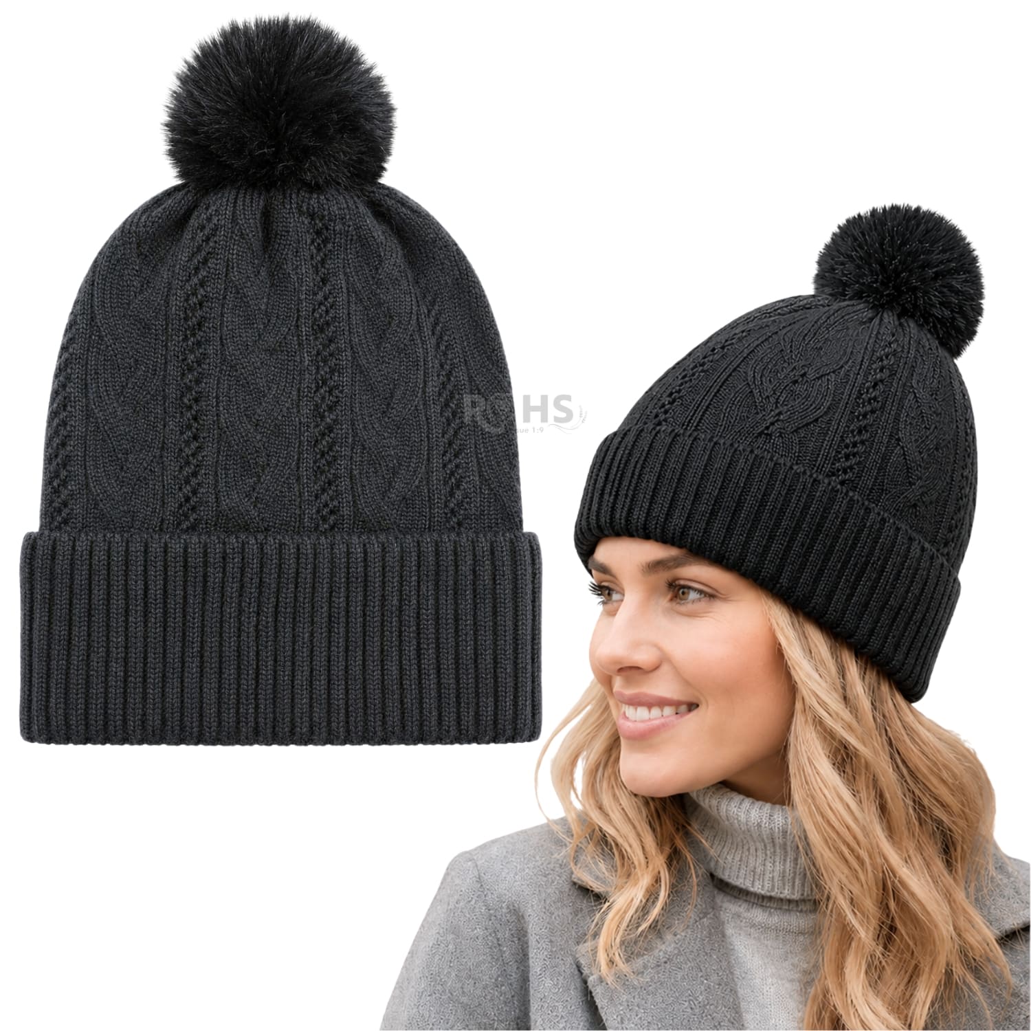 GORRO DE INVIERNO POLIÉSTER CON POMPÓN TEXTURIZADO COLOR NEGRO - 1