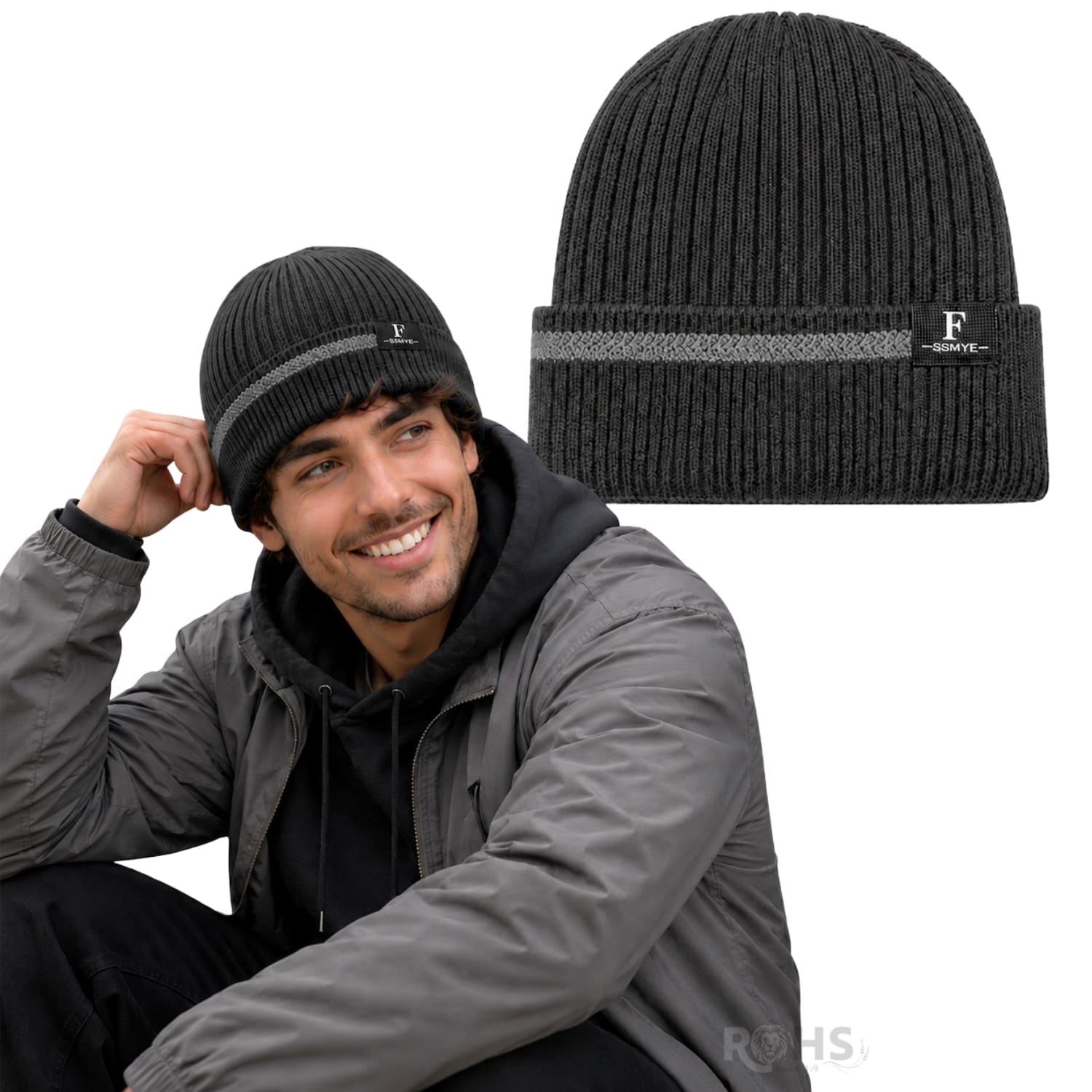 GORRO TEJIDO POLIÉSTER CON RAYA DECORATIVA PARA INVIERNO COLOR GRIS - 1