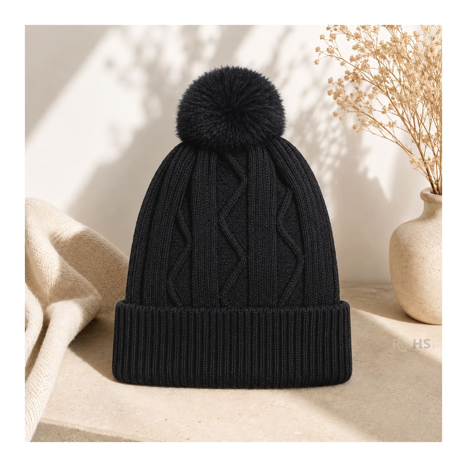 GORRO TEJIDO CON POMPÓN DISEÑO TEXTURIZADO PARA INVIERNO COLOR NEGRO - 2