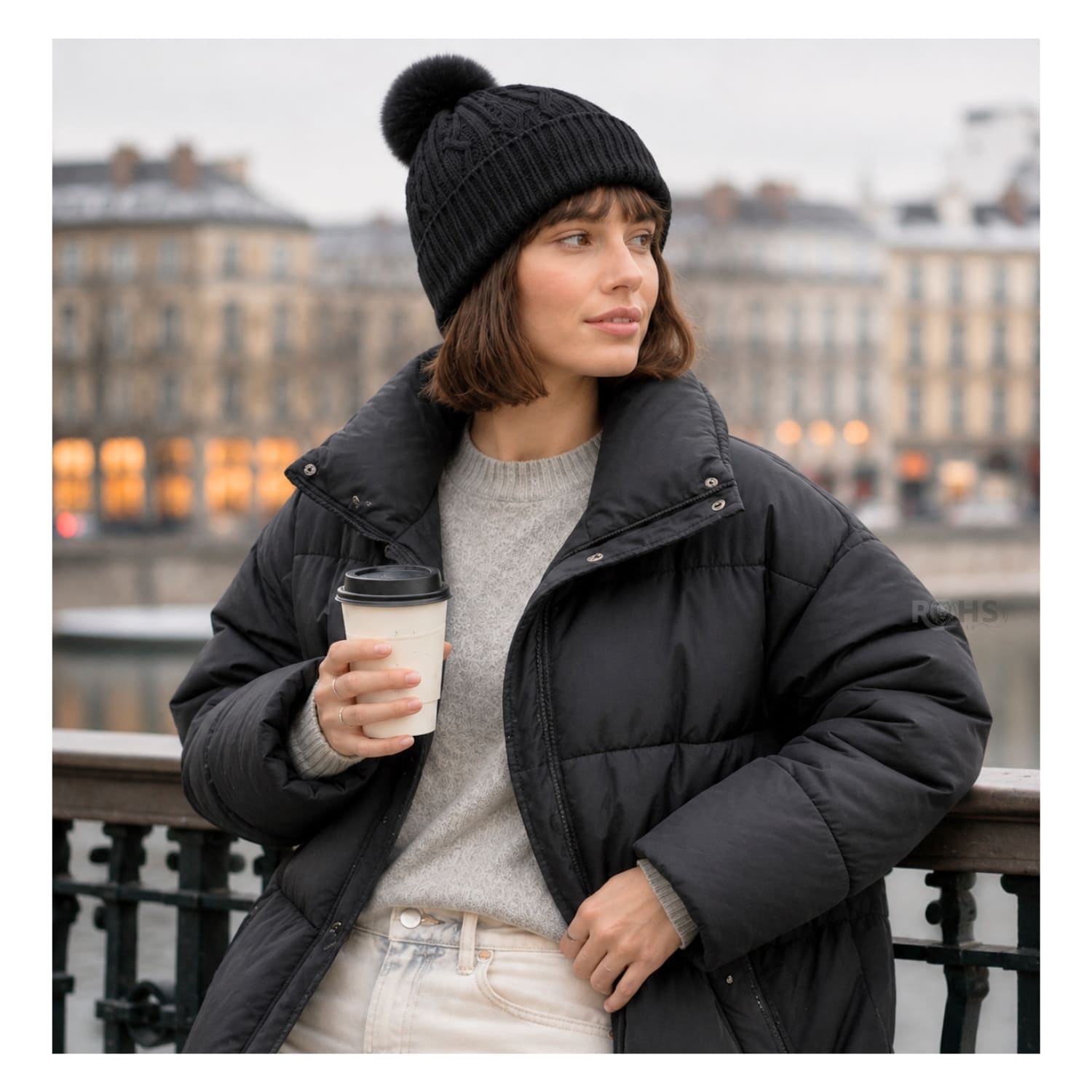 GORRO TEJIDO CON POMPÓN DISEÑO TEXTURIZADO PARA INVIERNO COLOR NEGRO - 6