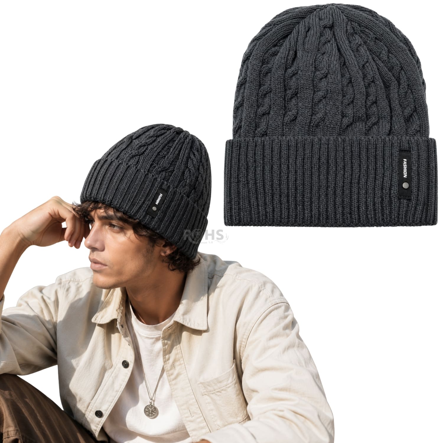GORRO TEJIDO POLIÉSTER DISEÑO TRENZADO PARA INVIERNO COLOR GRIS OSCURO - 1