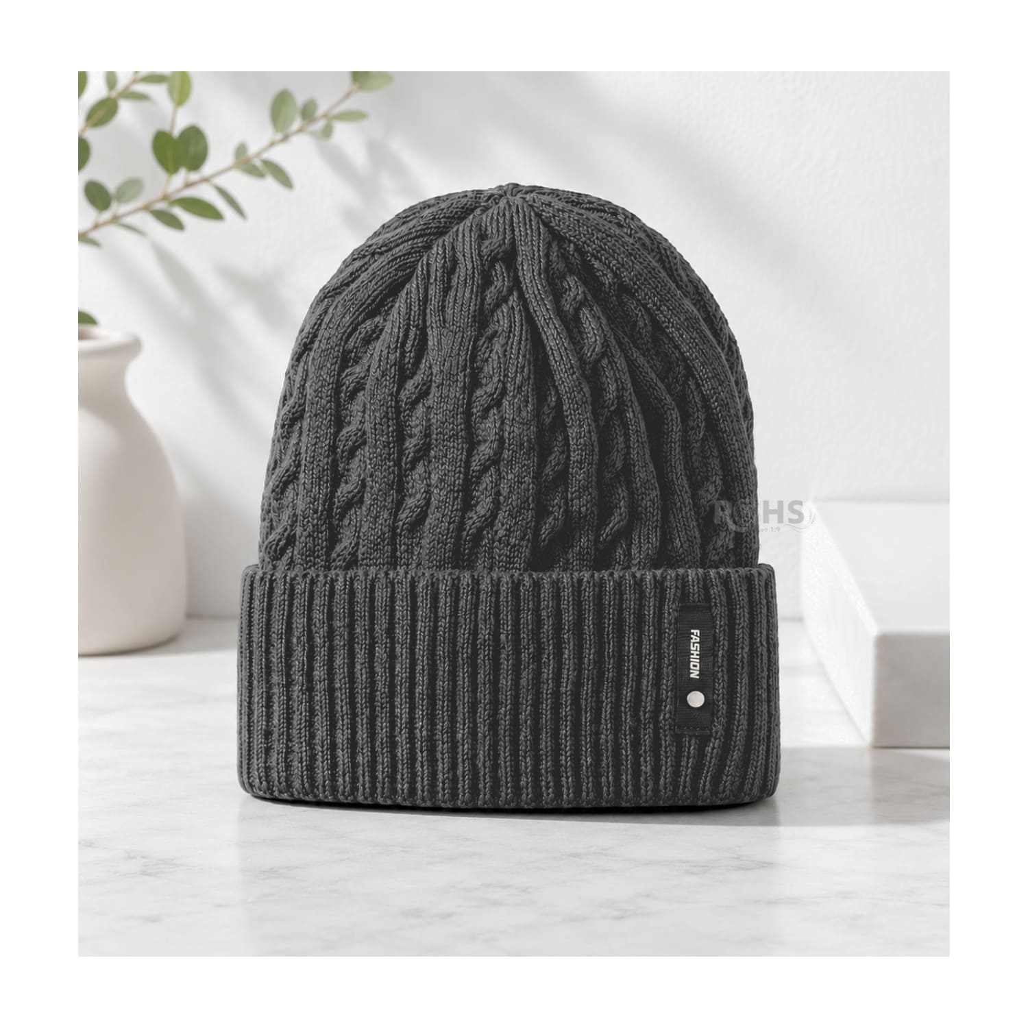 GORRO TEJIDO POLIÉSTER DISEÑO TRENZADO PARA INVIERNO COLOR GRIS OSCURO - 4