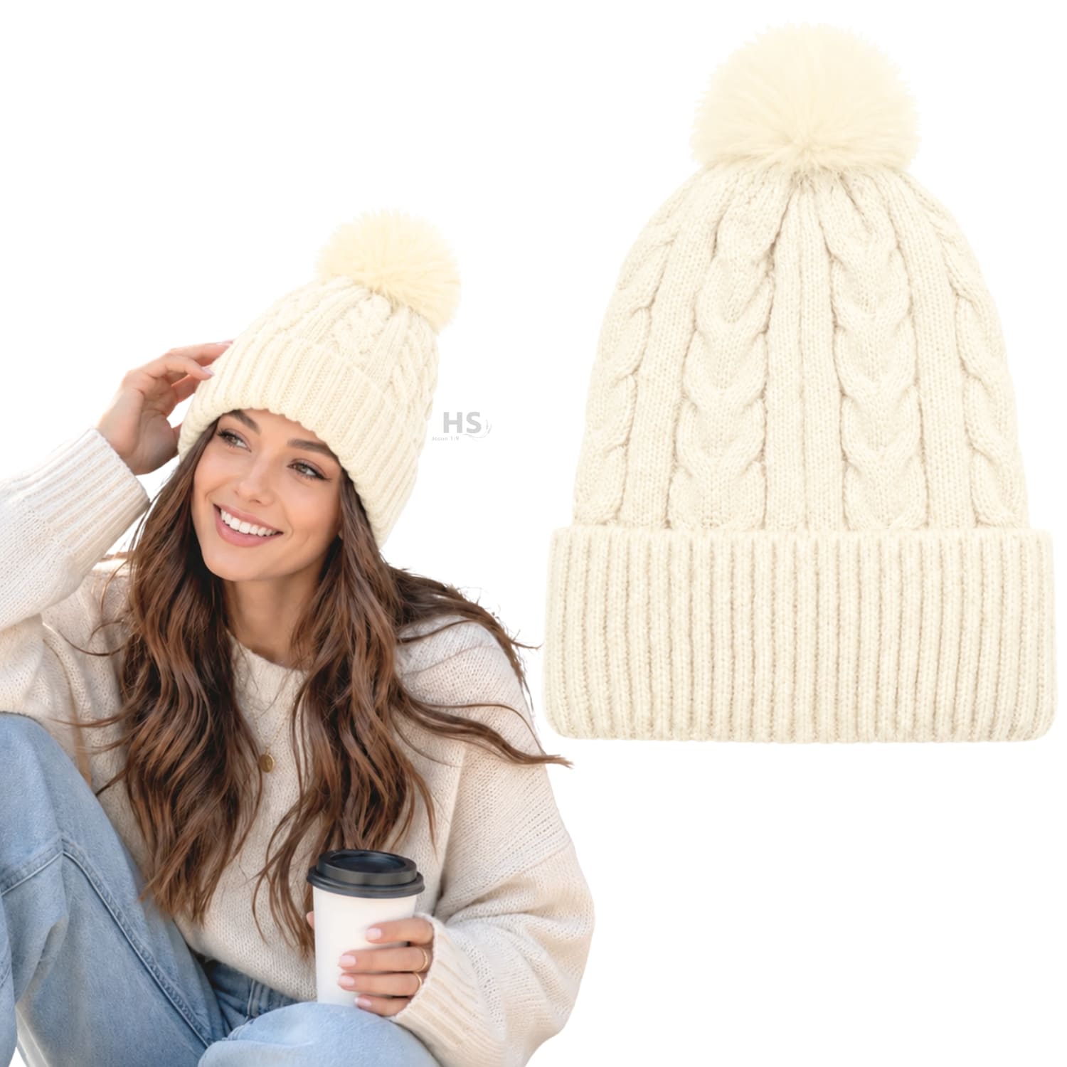 GORRO CON POMPÓN TEJIDO POLIÉSTER PARA INVIERNO COLOR CREMA - 1