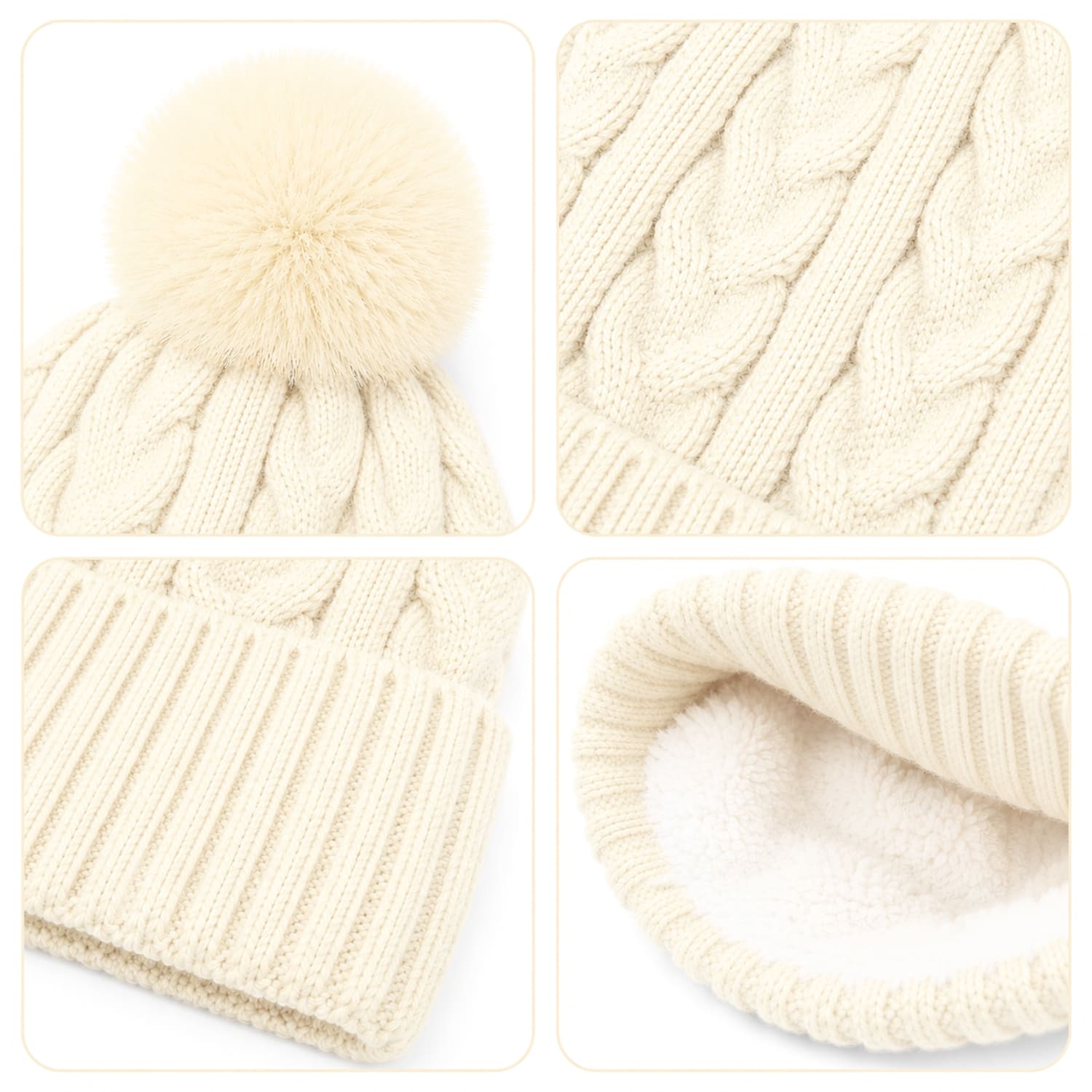 GORRO CON POMPÓN TEJIDO POLIÉSTER PARA INVIERNO COLOR CREMA - 4