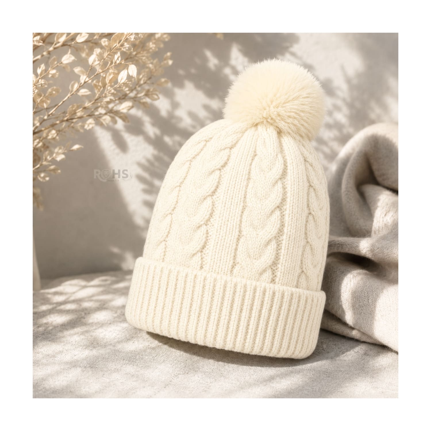 GORRO CON POMPÓN TEJIDO POLIÉSTER PARA INVIERNO COLOR CREMA - 6