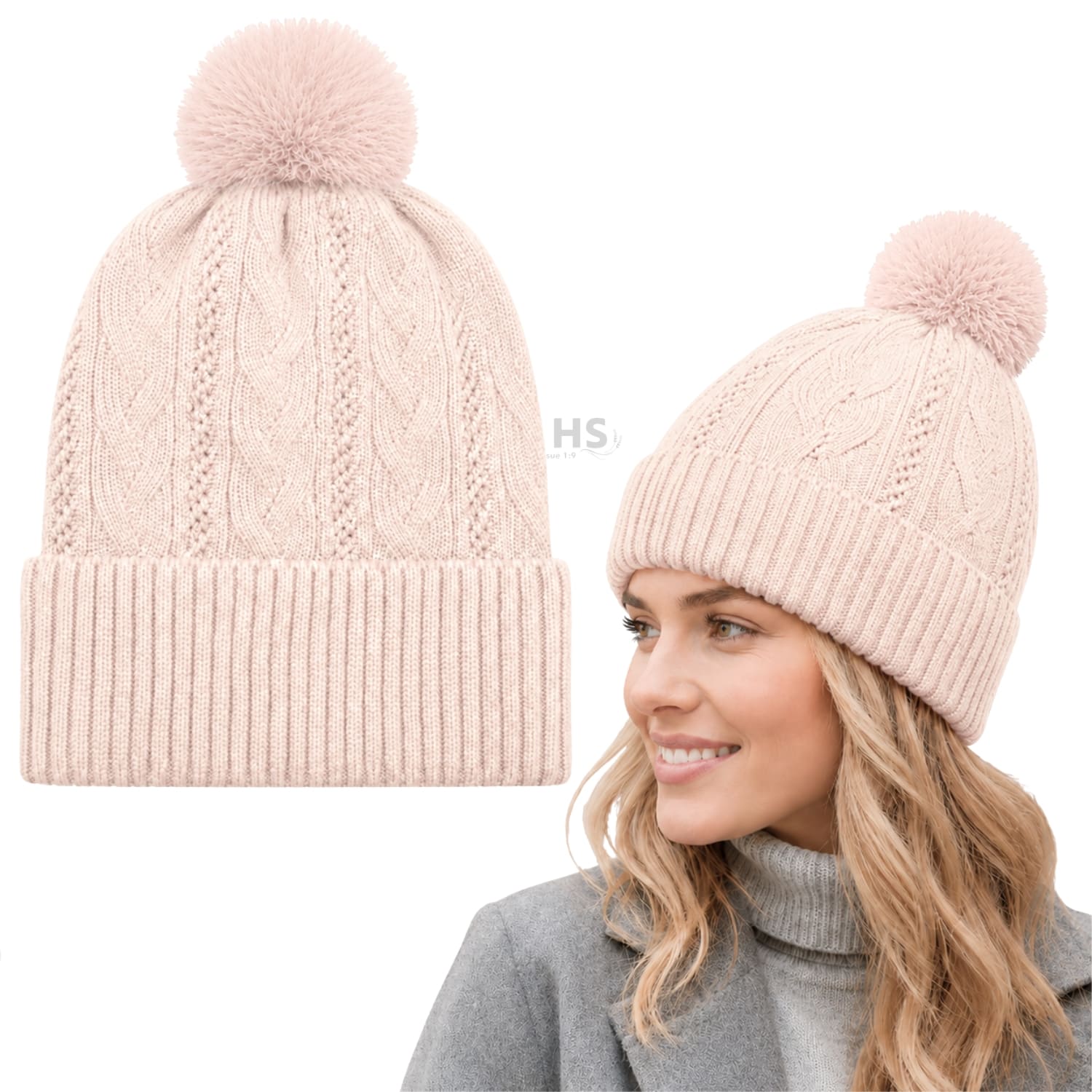 GORRO DE INVIERNO POLIÉSTER CON POMPÓN TEXTURIZADO COLOR ROSADO BEBÉ - 1