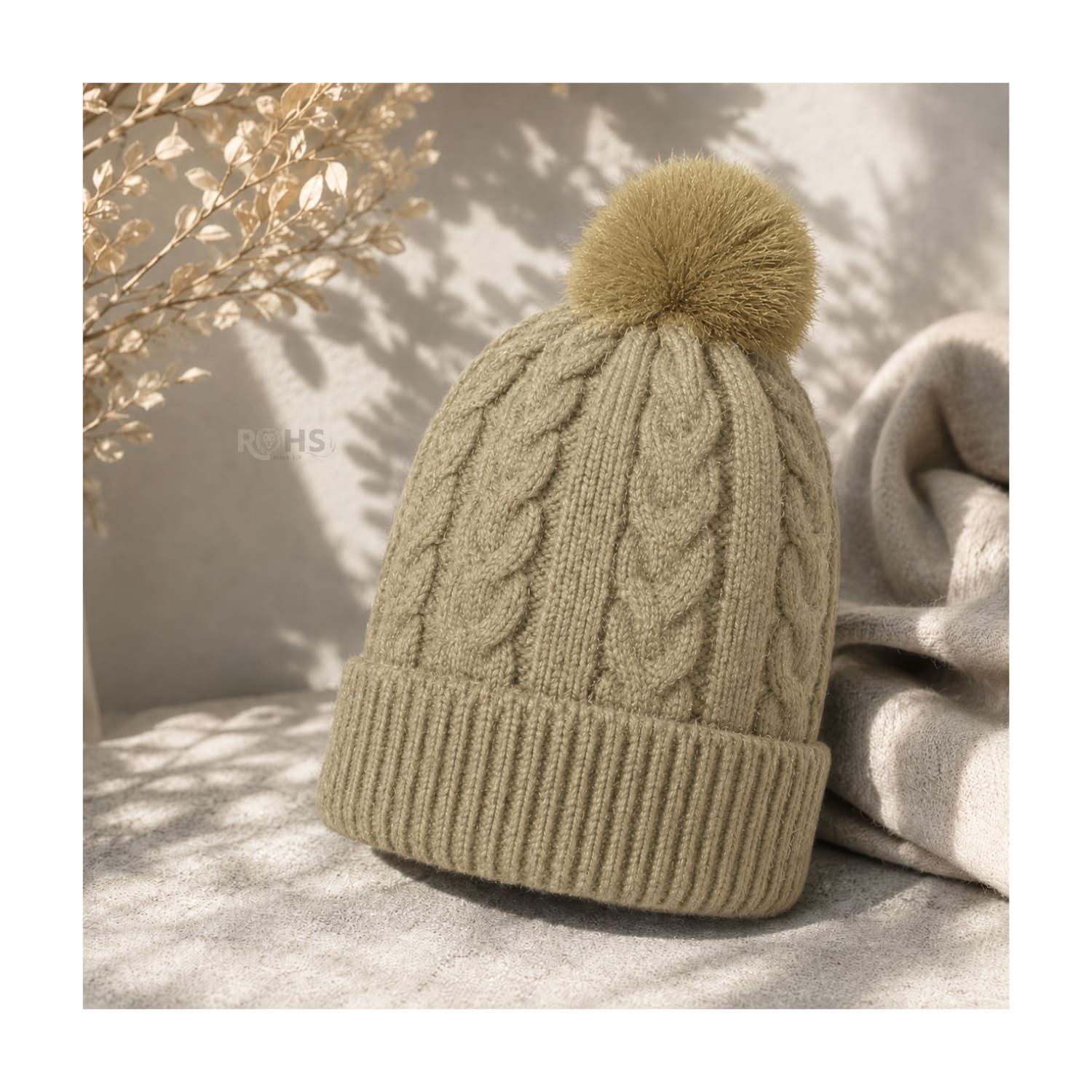 GORRO CON POMPÓN TEJIDO POLIÉSTER PARA INVIERNO COLOR CAQUI - 6