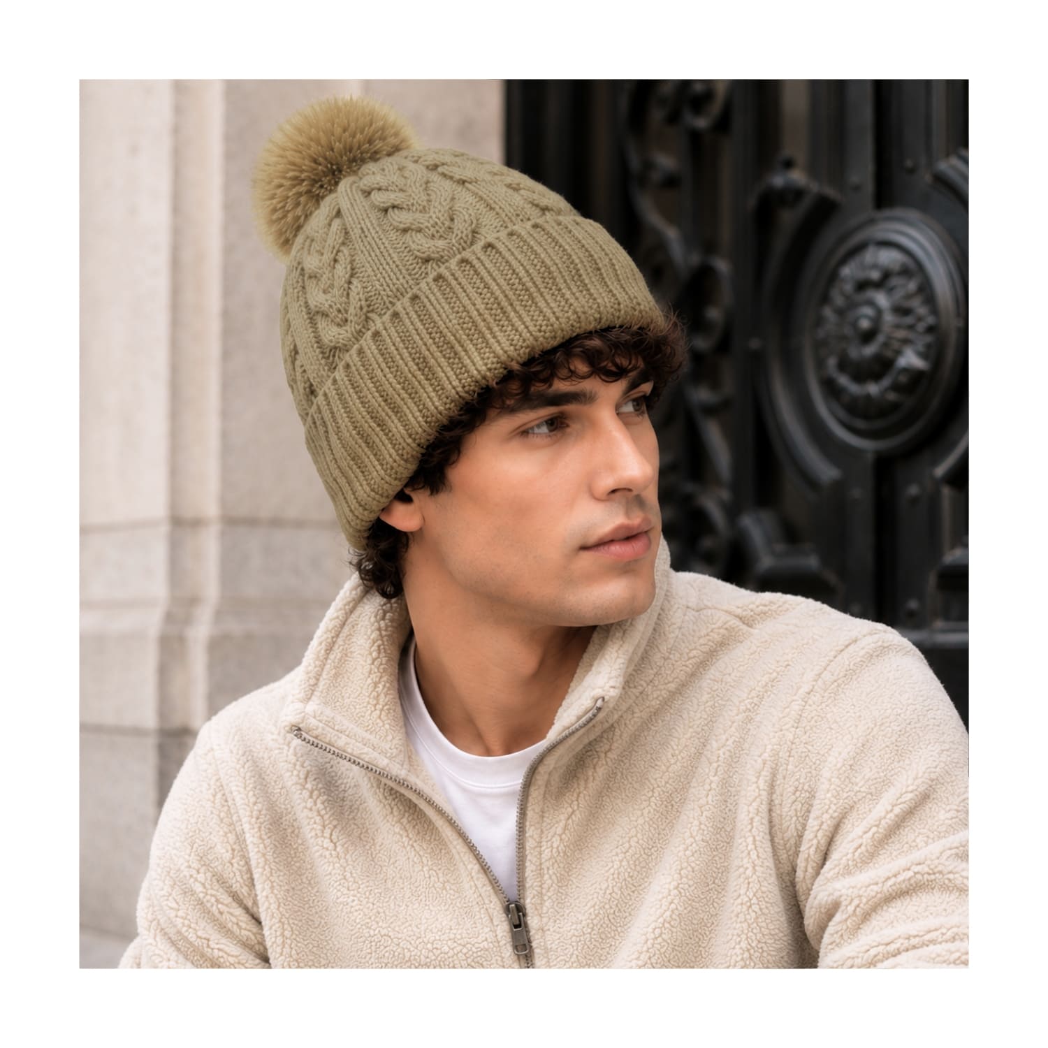 GORRO CON POMPÓN TEJIDO POLIÉSTER PARA INVIERNO COLOR CAQUI - 7