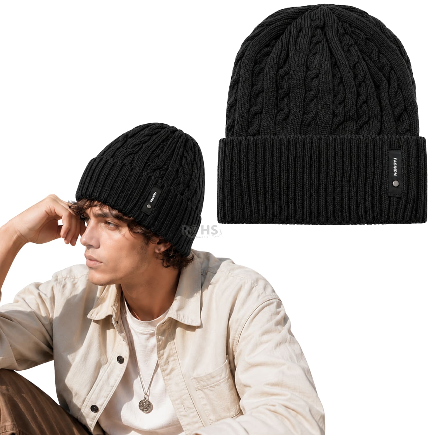 GORRO TEJIDO POLIÉSTER DISEÑO TRENZADO PARA INVIERNO COLOR NEGRO - 1